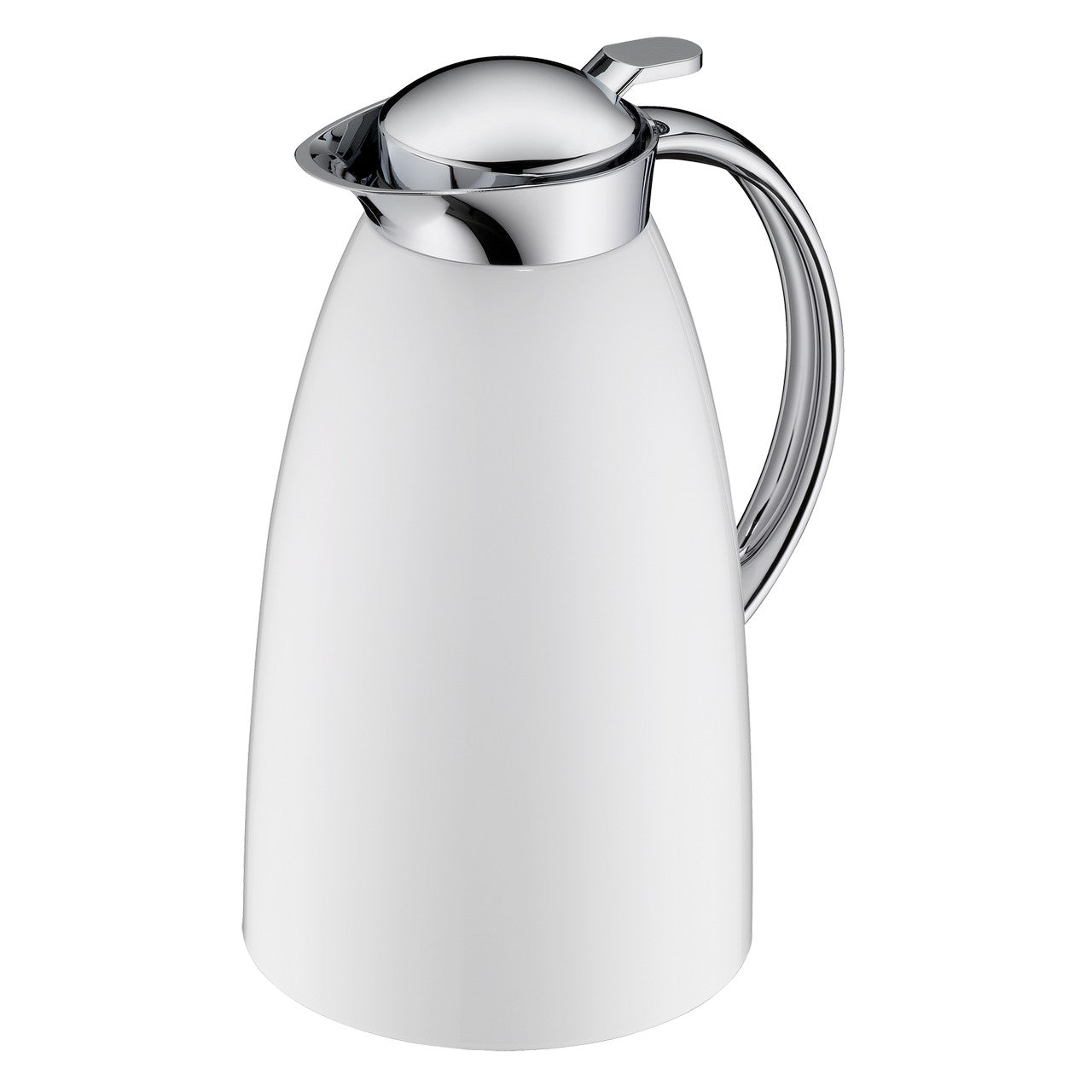 Das Bild zeigt eine stilvolle, schlanke Thermoskanne mit einem glänzenden, metallischen Deckel und Griff. Die Kanne selbst hat eine glatte, weiße Oberfläche. Sie ist modern gestaltet und wirkt hochwertig.