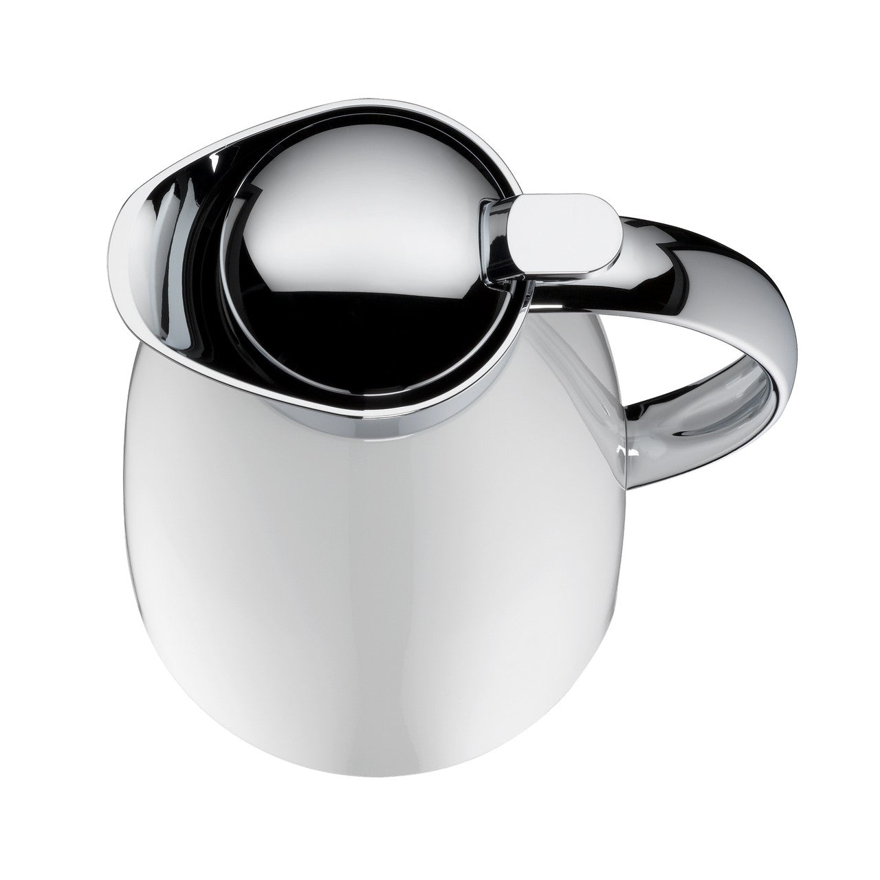 Das Bild zeigt eine glänzende, silberne Thermoskanne mit einem schwarzen Deckel und Griff. Die Kanne hat eine geschwungene, moderne Form und ist aus Metall. Der Deckel ist rund und hebt sich farblich vom Rest der Kanne ab.