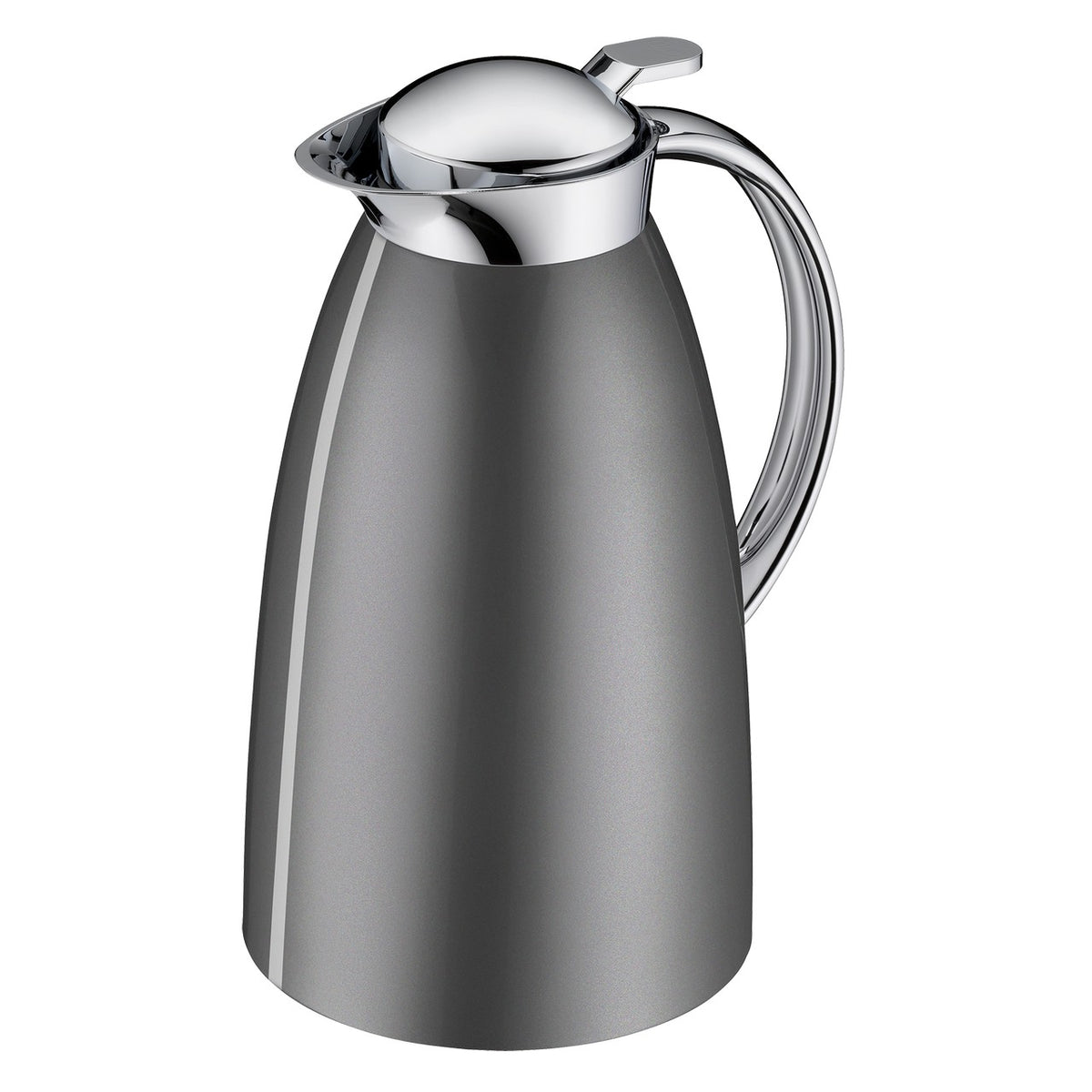 Das Bild zeigt eine glänzende, metallische Thermoskanne mit einem modernen Design. Sie hat einen schmalen Ausguss, einen ergonomischen Griff und einen deckelförmigen Verschluss. Die Oberfläche wirkt glatt und poliert.