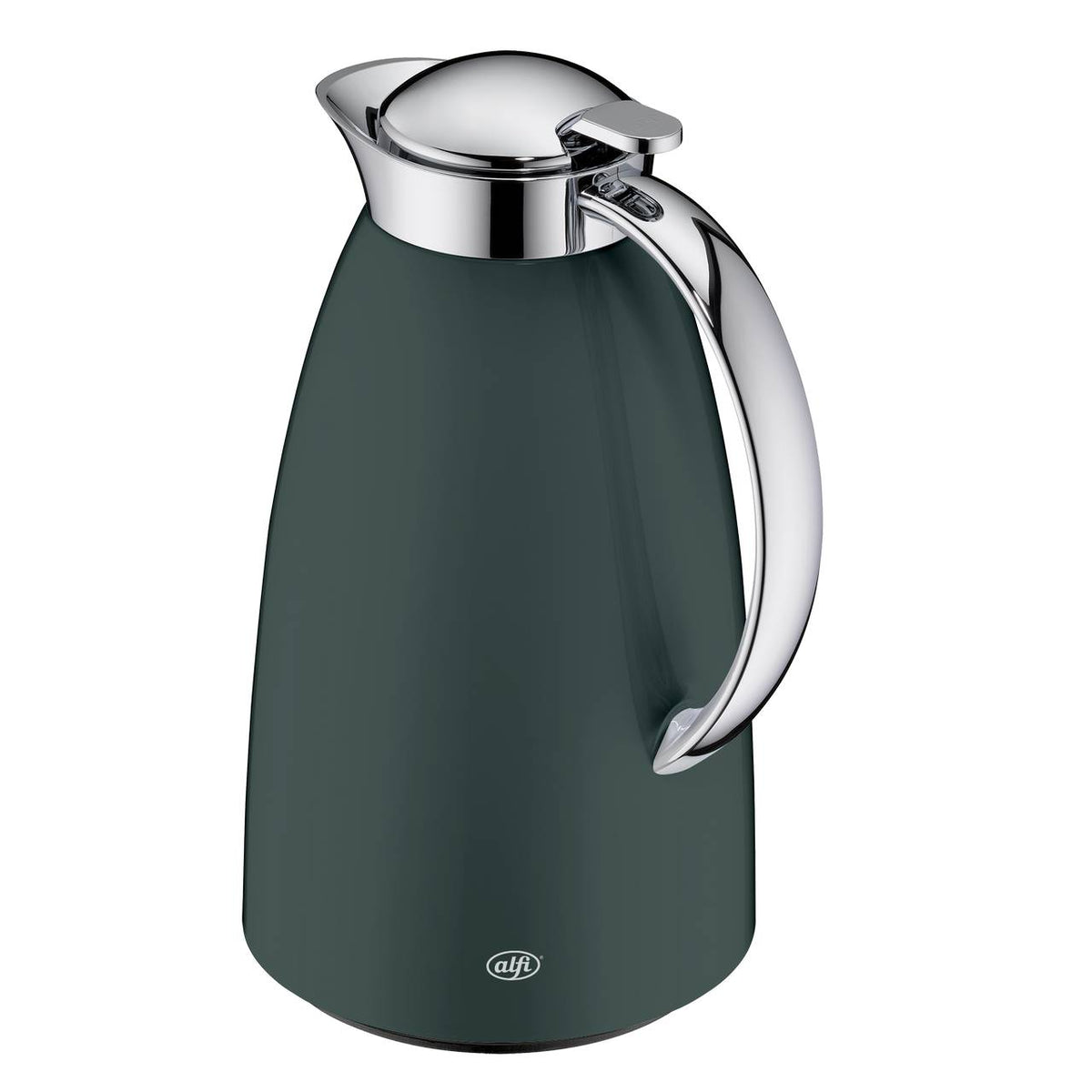Das Bild zeigt eine elegante Thermoskanne mit einem modernen Design, das eine dunkle, matte Oberfläche hat. Der Deckel und der schmale Griff sind aus glänzendem Metall. Am unteren Teil der Kanne ist ein kleines Logo zu sehen.