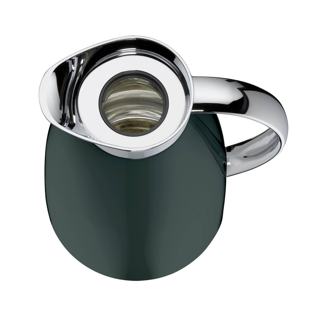 Das Bild zeigt eine stilvolle, moderne Thermoskanne von oben. Der Deckel und der Griff sind silbern glänzend, während der Korpus der Kanne dunkel ist. Die Form ist elegant und leicht gebogen.