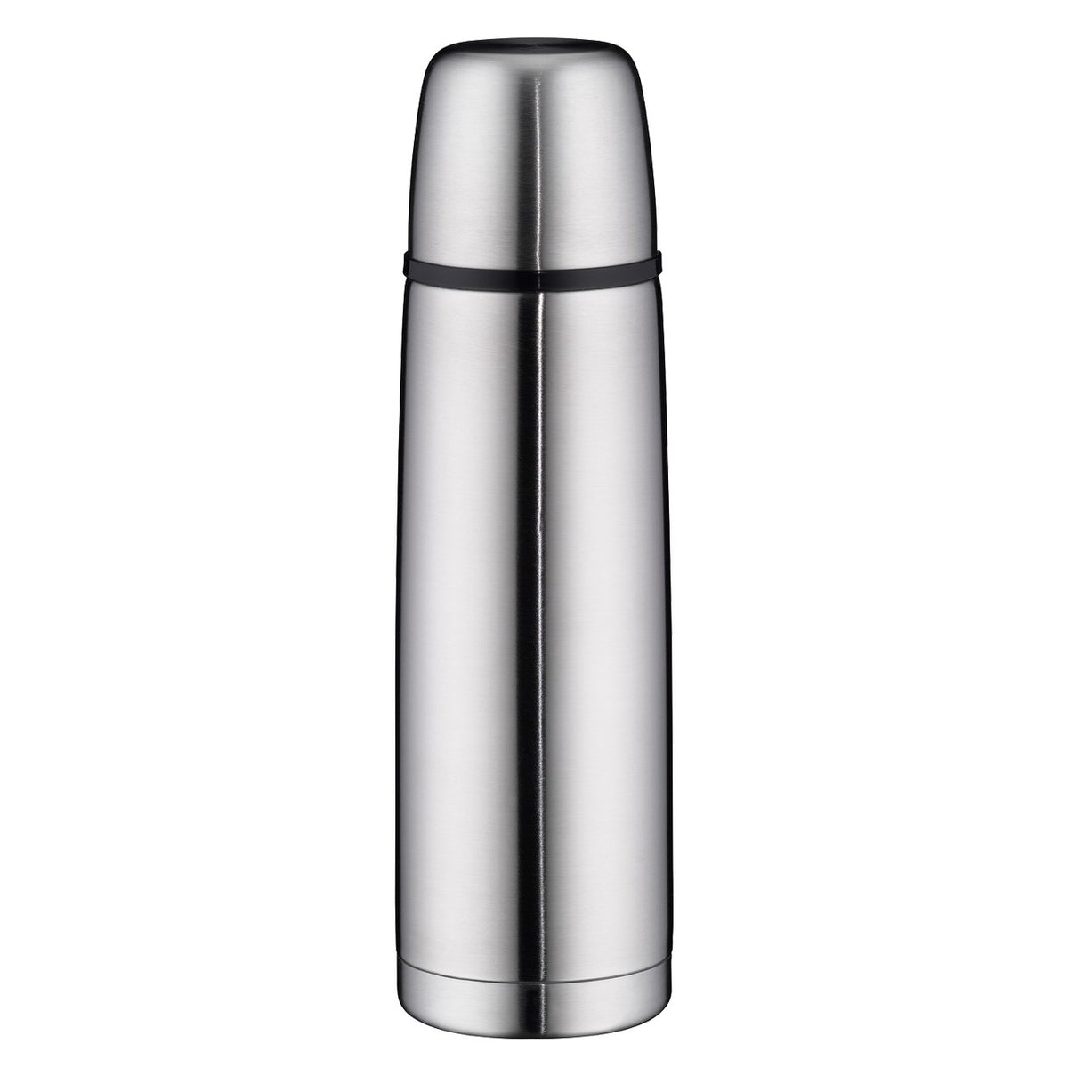 Das Bild zeigt eine silberne Thermoskanne aus Metall. Sie hat eine schlanke, zylindrische Form mit einem Deckel, der auch als Tasse verwendet werden kann. Die Oberfläche ist glatt und glänzend.