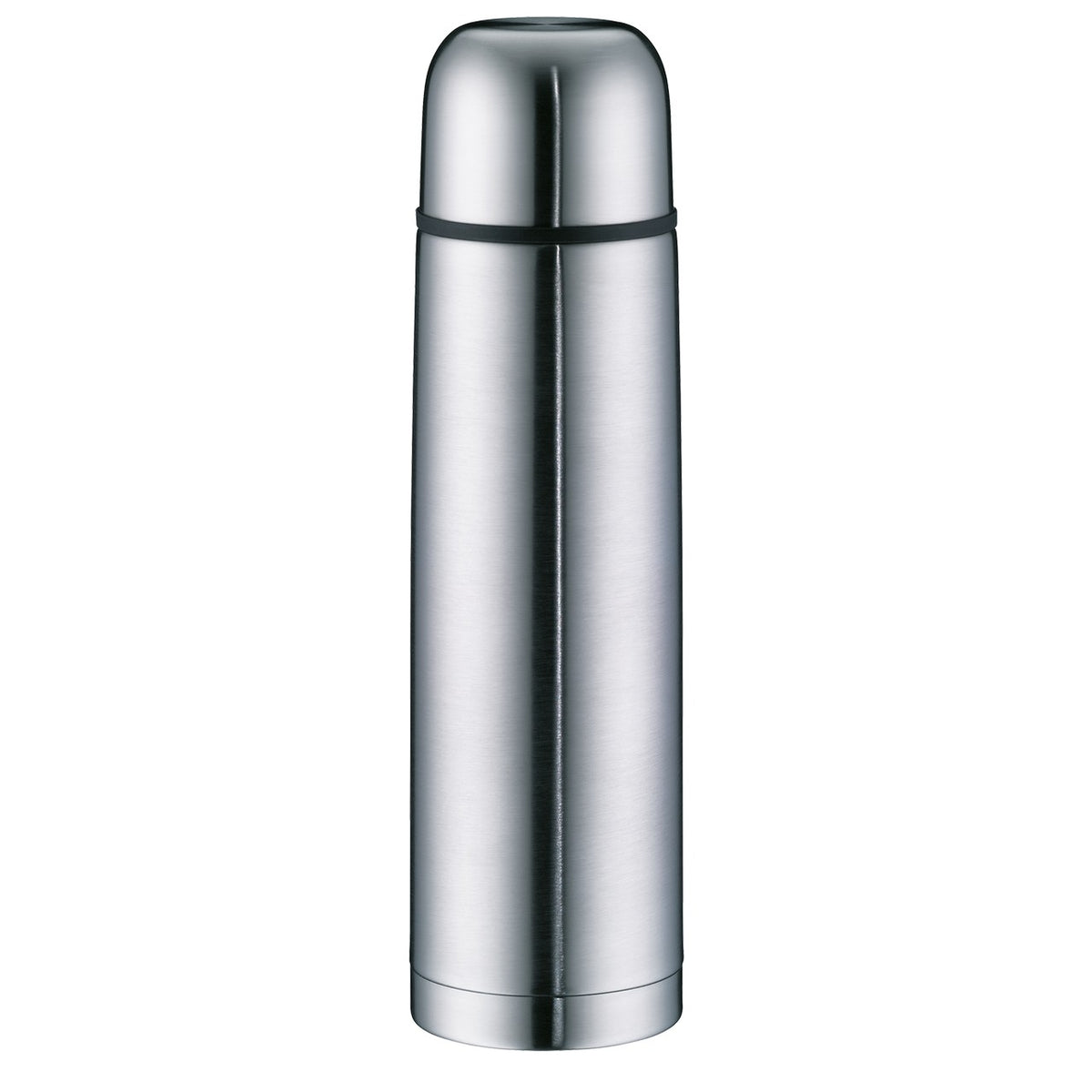 Das Bild zeigt eine metallene Thermoskanne mit glänzender Oberfläche. Sie hat einen zylinderförmigen Körper und einen abnehmbaren Deckel. Die Kanne wirkt schlicht und funktional.