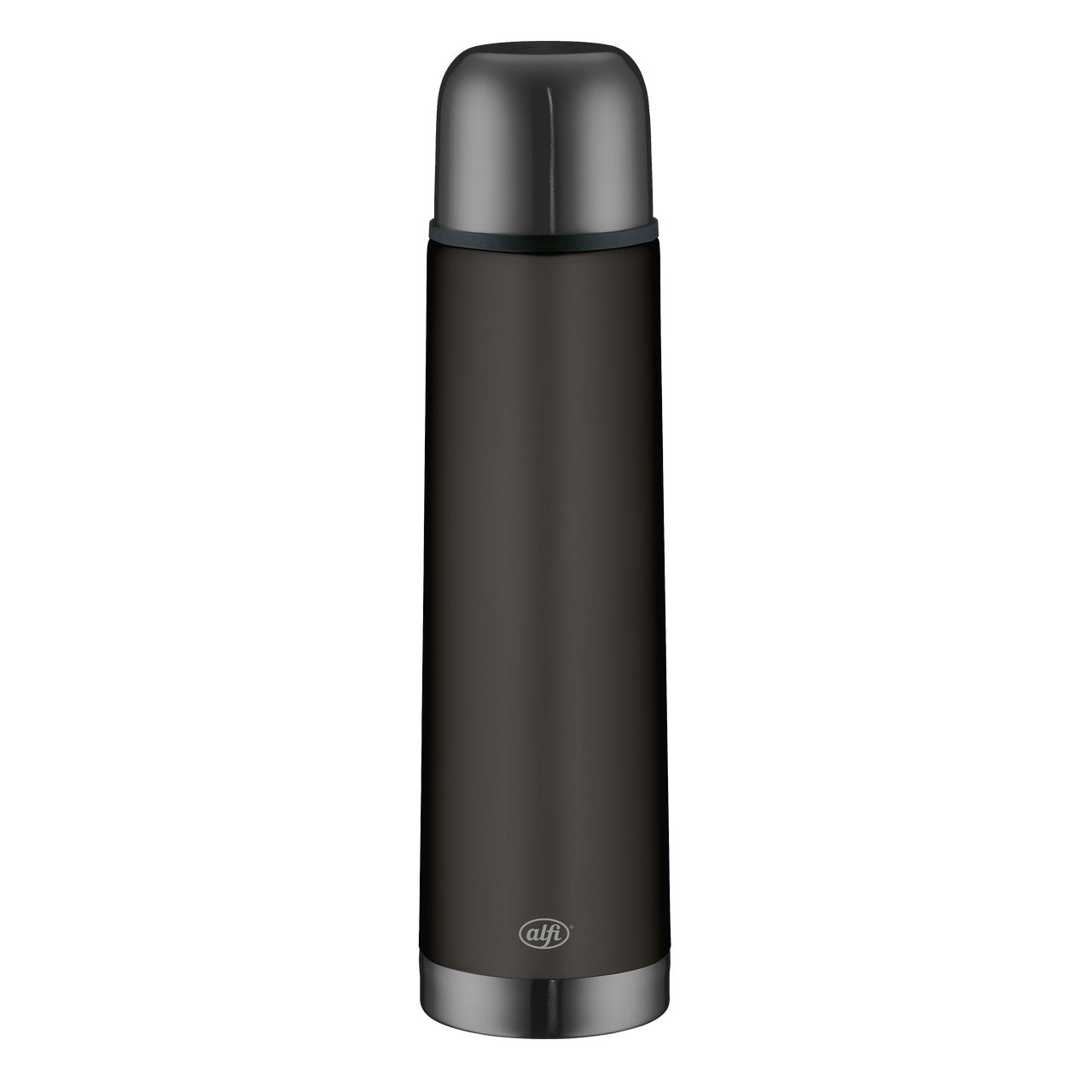 Das Bild zeigt eine schwarze Thermoskanne mit einem silbernen Deckel. Die Kanne ist schlank und zylindrisch geformt. Der Deckel dient vermutlich als Trinkbecher.