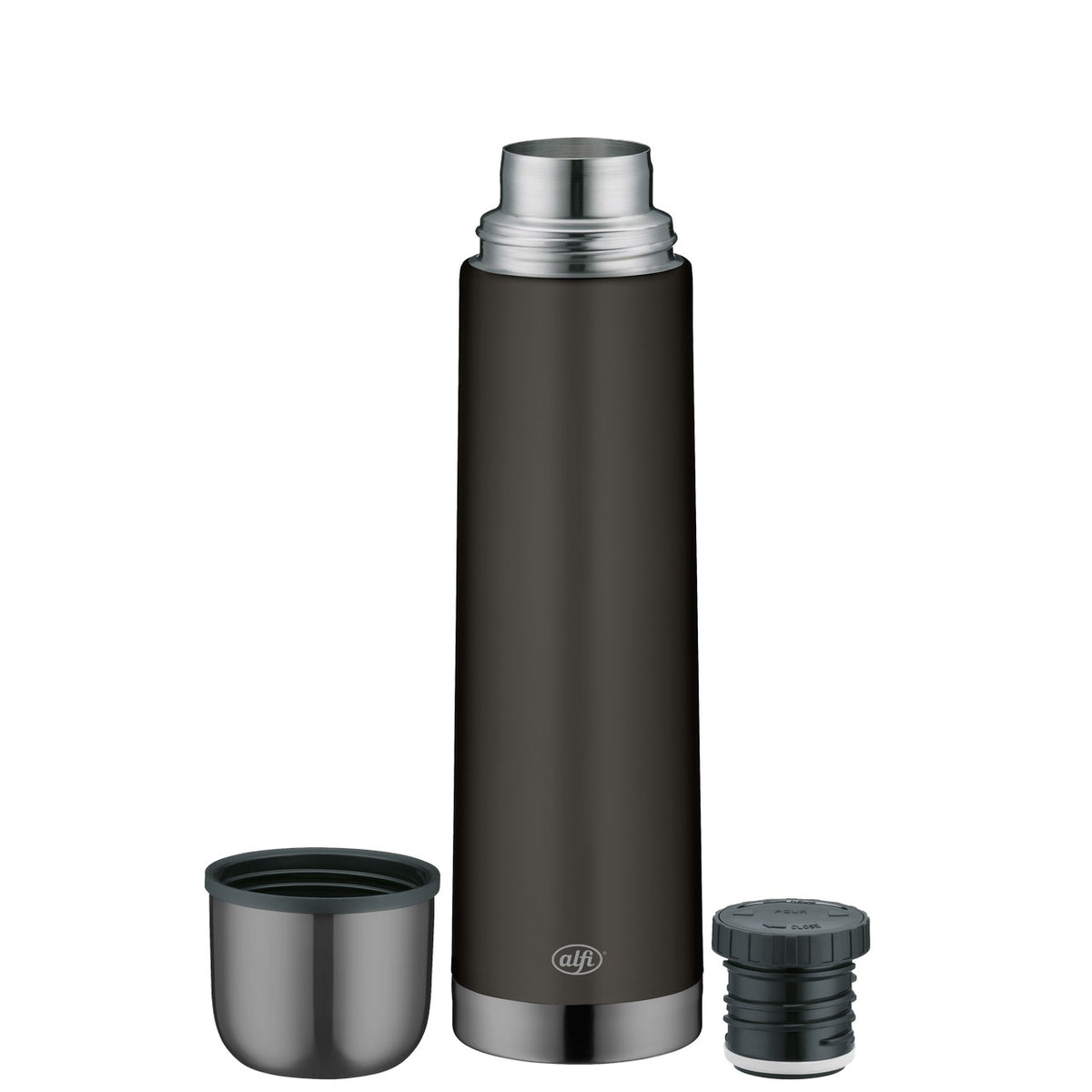 Auf dem Bild ist eine silberne Thermoskanne mit einem abnehmbaren Deckel zu sehen, der als Trinkbecher genutzt werden kann. Die Kanne hat ein schlankes Design und daneben liegt der Schraubverschluss, der die Isolierung sichert.