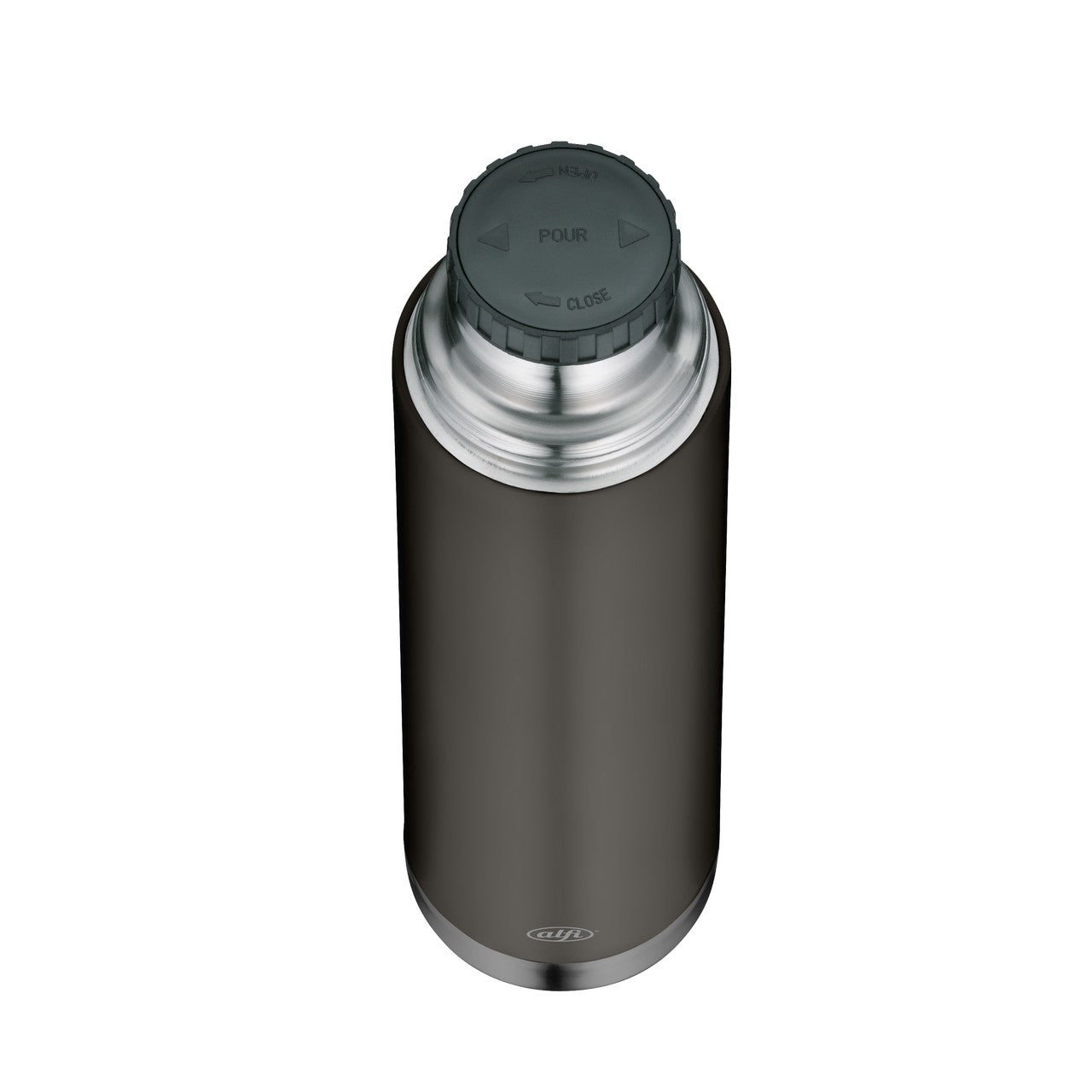 Das Bild zeigt eine moderne, zylinderförmige Thermoskanne mit einem silbernen Deckel und einem schwarzen Körper. Die Kanne hat ein schlichtes und elegantes Design. Sie steht aufrecht vor einem weißen Hintergrund.