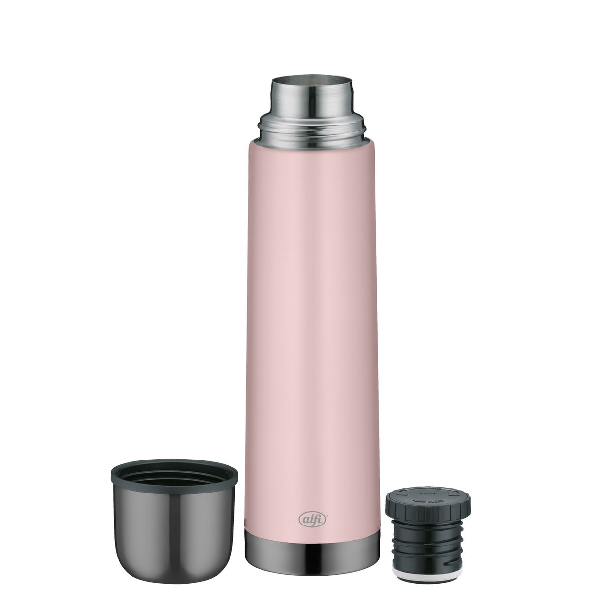Auf dem Bild ist eine rosafarbene Thermosflasche mit einem silbernen Deckel dargestellt. Daneben liegen ein schwarz-silberner Trinkbecher und ein schwarzer Verschluss. Die Flasche steht aufrecht auf einer weißen Fläche.