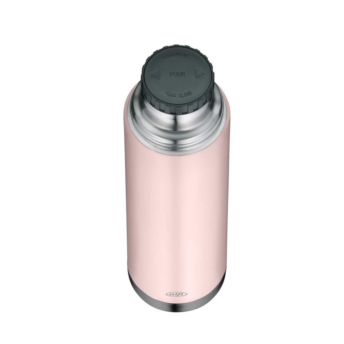 Das Bild zeigt eine rosa Thermoskanne mit einem grauen Deckel. Die Kanne hat metallische Elemente und wirkt glänzend. Sie ist zylindrisch und steht aufrecht.