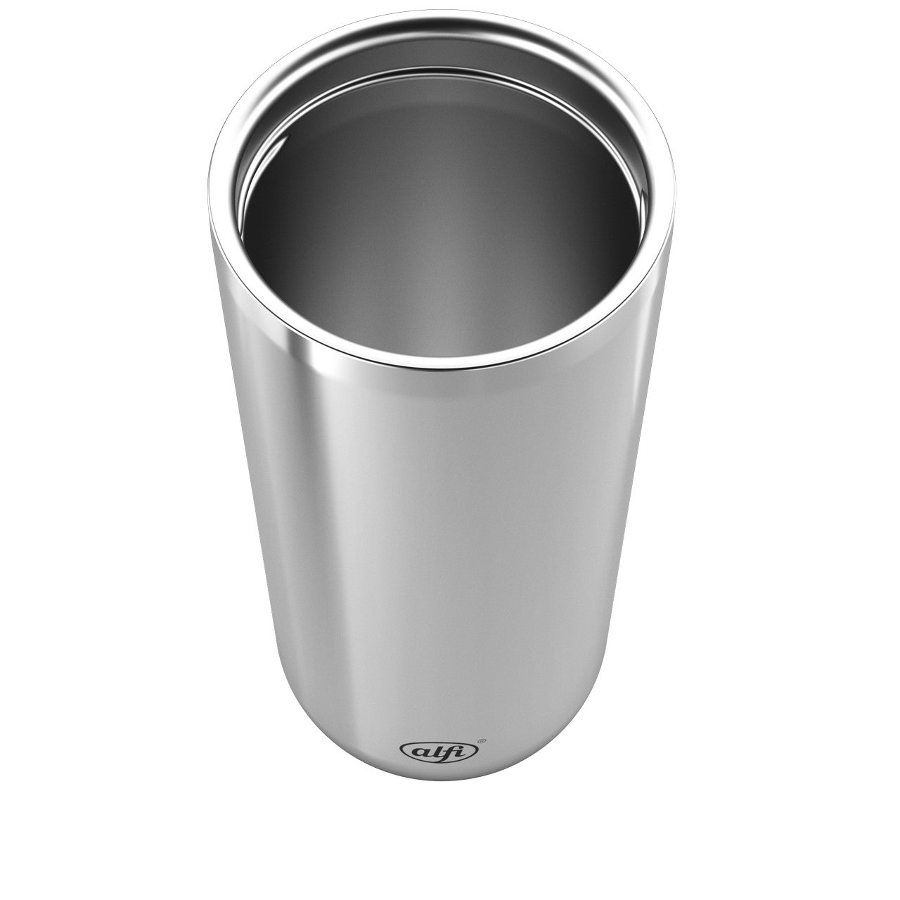 Das Bild zeigt einen silbernen, glänzenden Trinkbecher aus Metall, der zylindrisch und nach oben geöffnet ist. Die Oberfläche des Bechers reflektiert Licht, was ihm ein poliertes Aussehen verleiht.