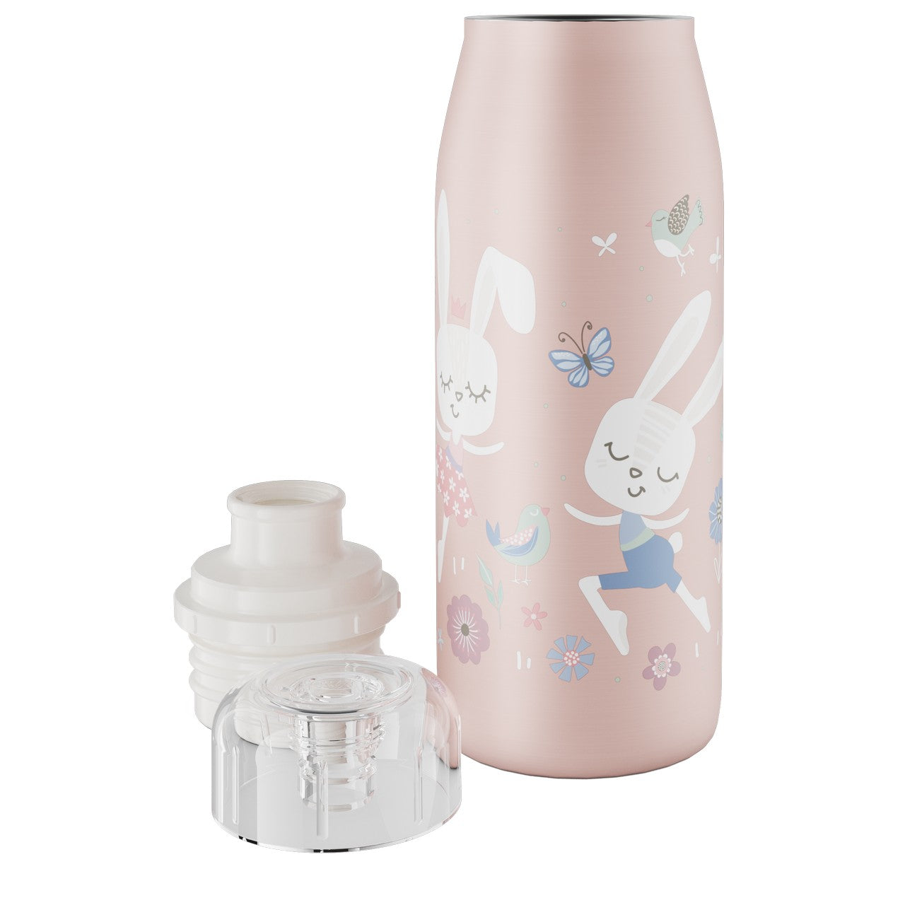 Das Bild zeigt eine rosafarbene Thermosflasche mit Hasenmotiven, Blumen und Schmetterlingen. Neben der Flasche sind zwei Verschlüsse abgebildet, einer davon ist durchsichtig.