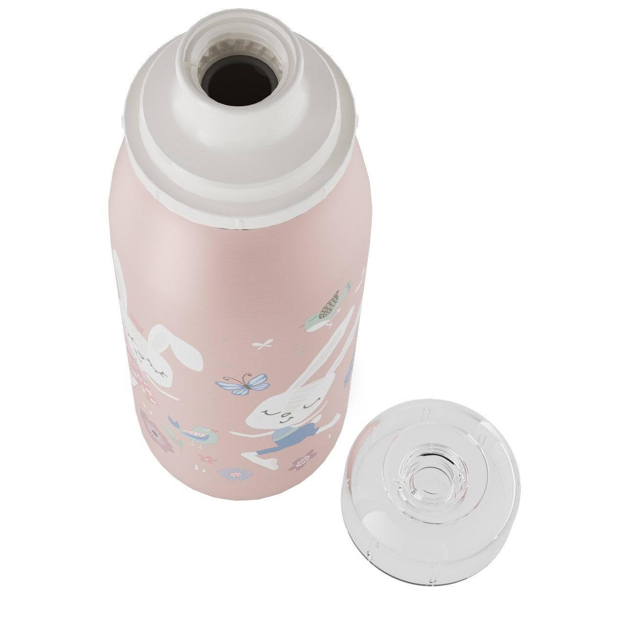 Das Bild zeigt eine geöffnete rosa Flasche mit einem verspielten Hasenmotiv, das von Schmetterlingen und Blumen umgeben ist. Der Deckel der Flasche liegt daneben.