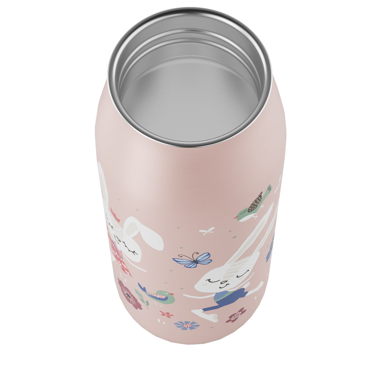 Das Bild zeigt eine pastellrosa Getränkedose mit niedlichen, weißen Hasenmotiven, Schmetterlingen und kleinen Blumen darauf. Die Oberfläche ist glatt und die Illustrationen wirken fröhlich und verspielt.