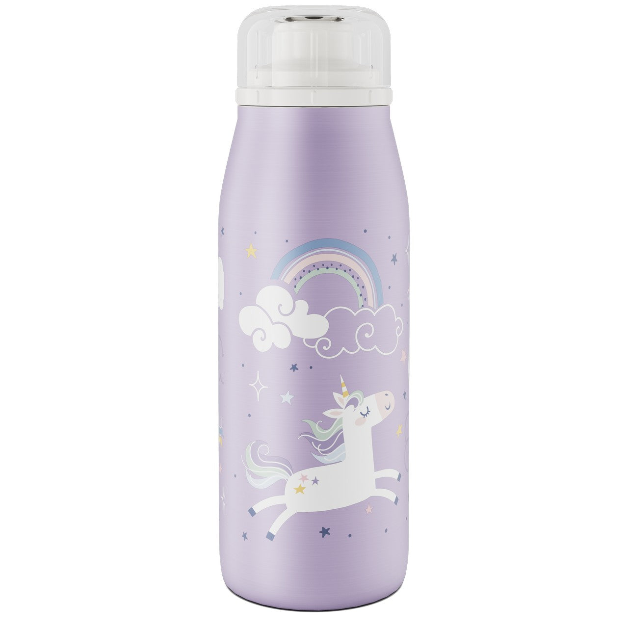 Die Flasche hat einen lila Hintergrund und ist mit einem fröhlichen Einhorn sowie Regenbogen- und Wolkenbildern verziert. Kleine Sterne und Herzen ergänzen das verspielte Design. Der Deckel ist durchsichtig und rund geformt.