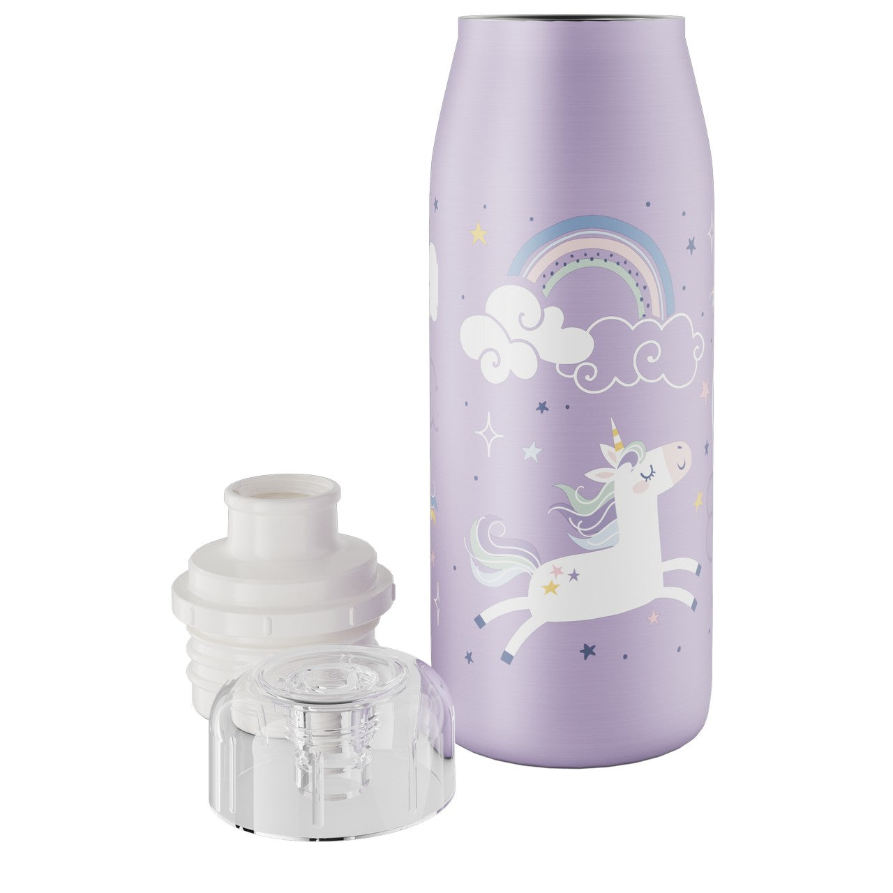 Das Bild zeigt eine lilafarbene Trinkflasche mit einem Einhornmotiv, Regenbogen und Wolken. Die Flasche hat einen abnehmbaren weißen Deckel mit Klarsichtverschluss.