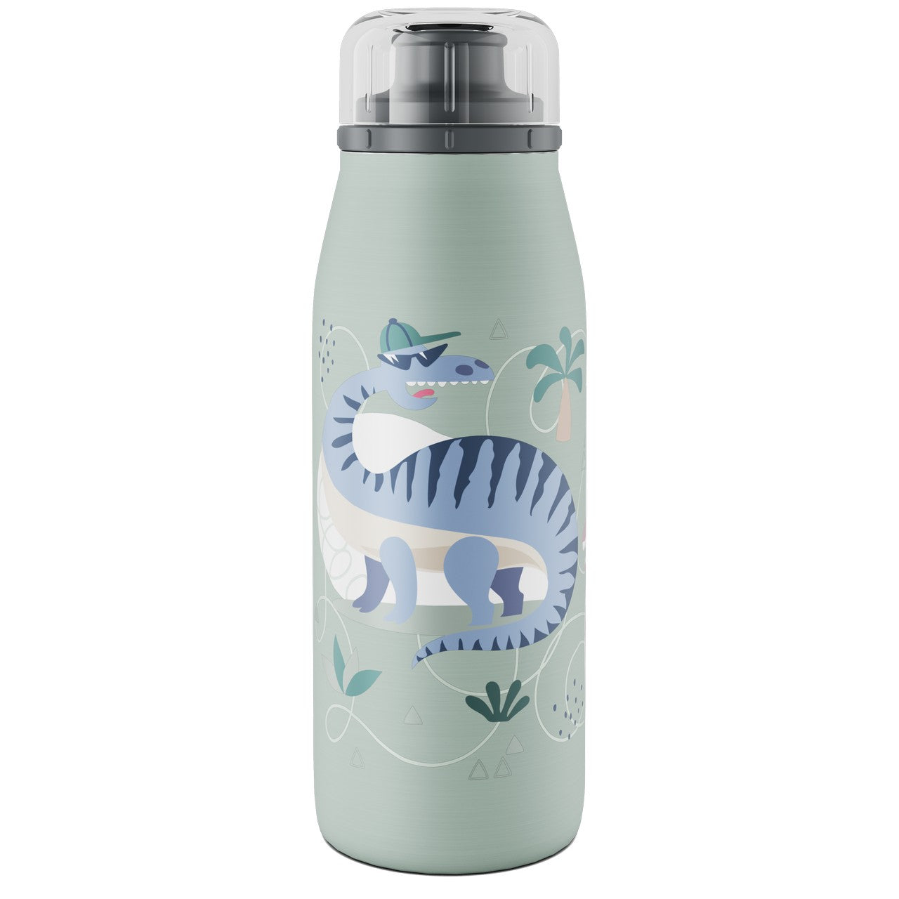 Die Flasche ist blassgrün und zeigt einen stilisierten blauen Dinosaurier mit Sonnenbrille und Basecap, umgeben von Pflanzenmotiven. Der Dinosaurier hat ein breites Grinsen und wirkt verspielt. Der Deckel der Flasche ist transparent und grau.