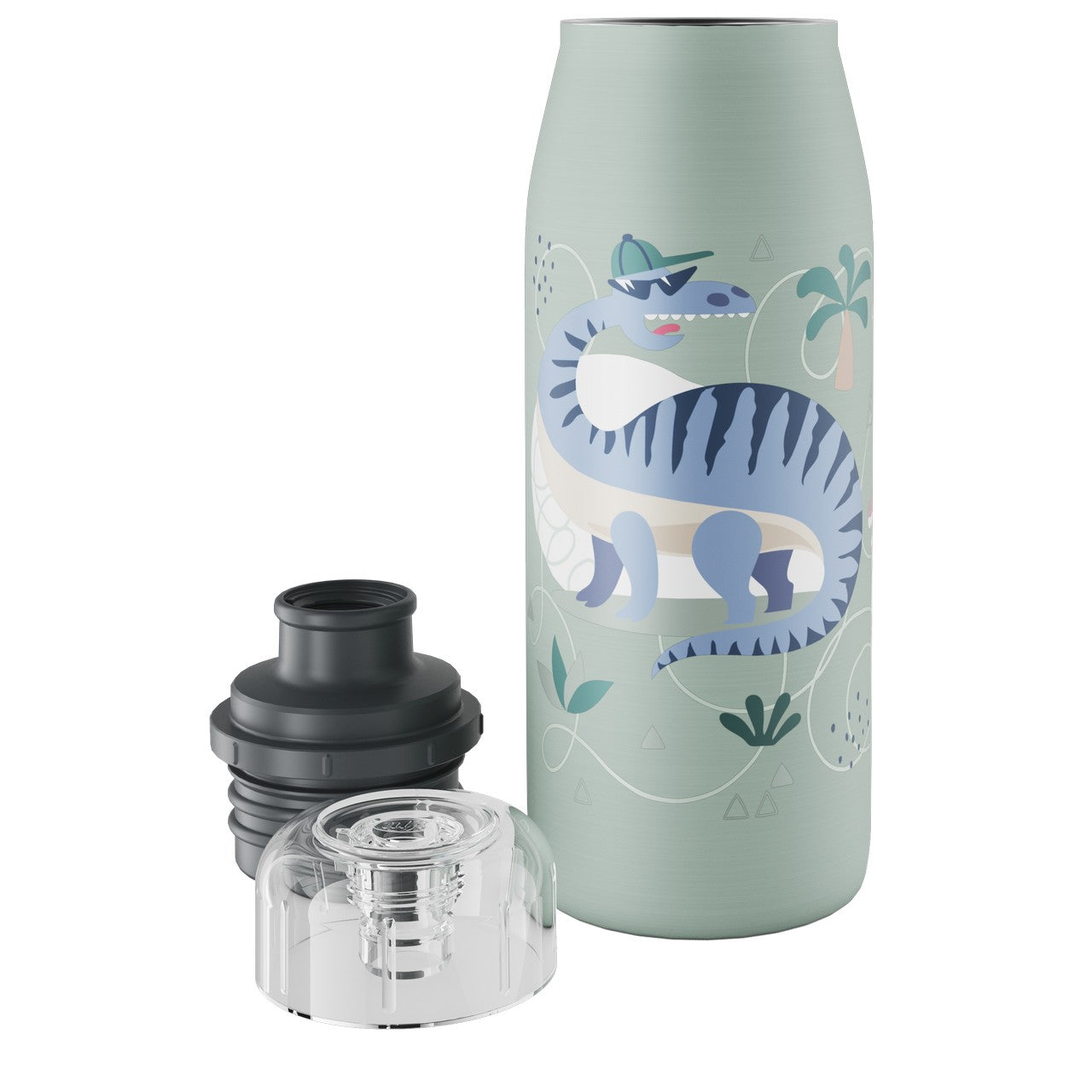 Die pastellgrüne Flasche zeigt einen Dinosaurier mit Sonnenbrille und Mütze. Neben ihr liegen zwei Verschlüsse, einer davon durchsichtig. Die Flasche ist mit kleinen Blättern dekoriert.