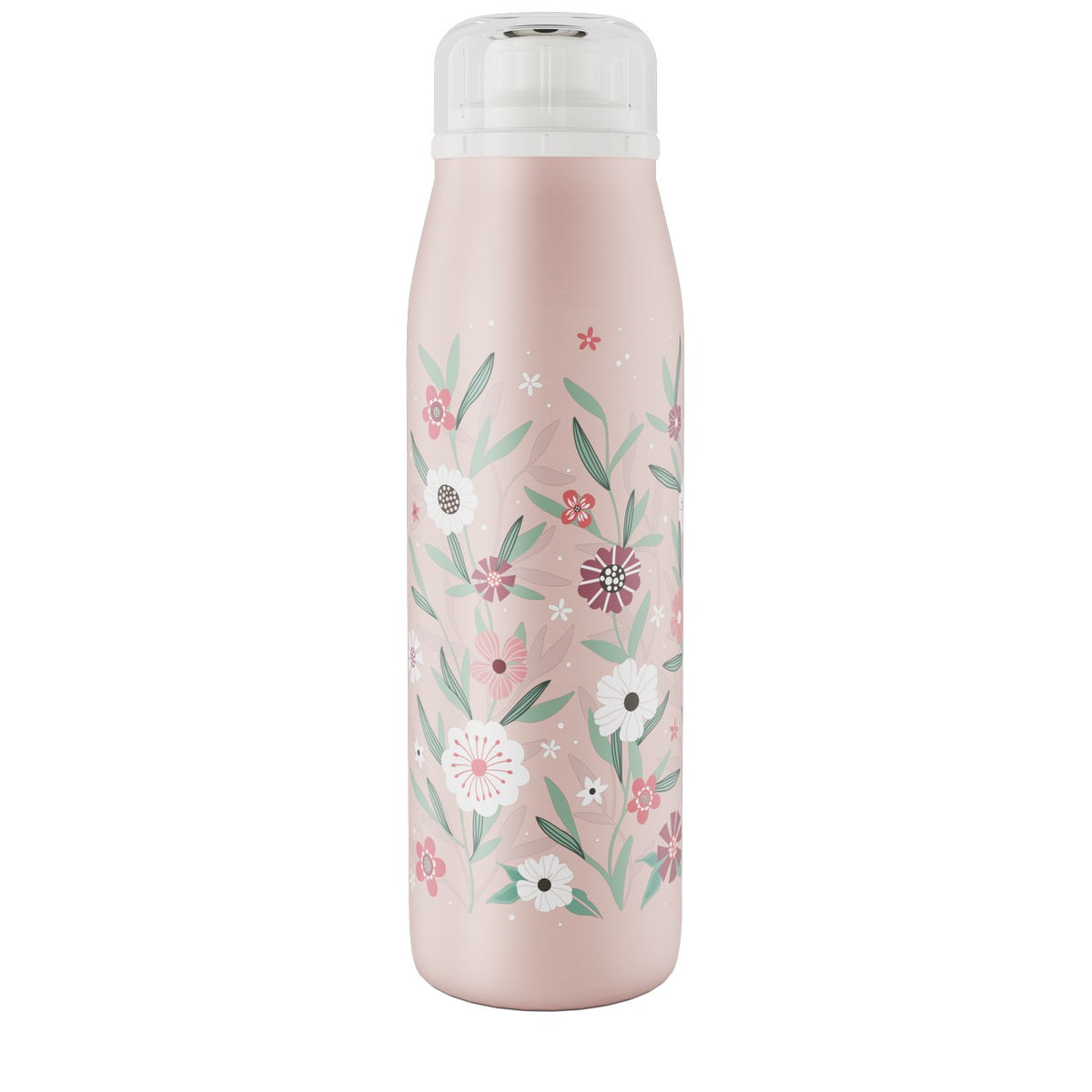 Es handelt sich um eine rosafarbene Trinkflasche, die mit einem floralen Muster aus weißen, rosa und roten Blumen sowie grünen Blättern verziert ist. Der Deckel ist durchsichtig und sitzt fest auf der Flasche.