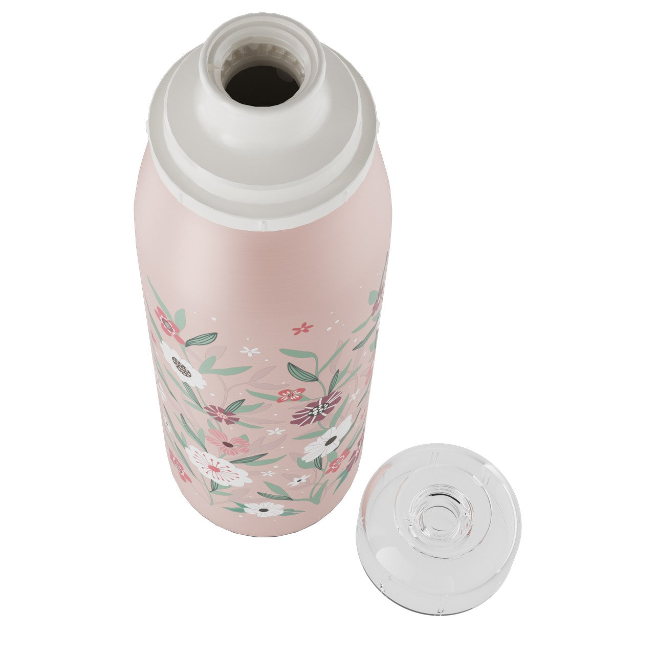 Auf dem Bild ist eine geöffnete, rosa Trinkflasche mit floralem Muster zu sehen. Neben ihr liegt ein transparenter Deckel. Die Flasche hat ein pastelliges Design mit weißen, roten und grünen Blumen.