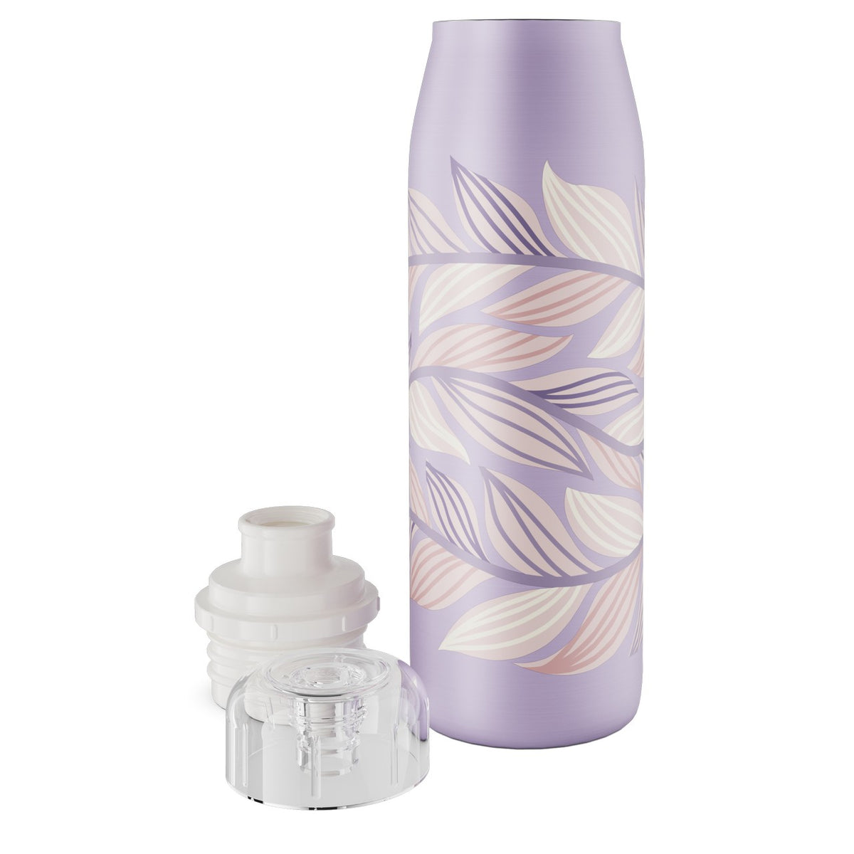 Auf dem Bild ist eine lilafarbene Trinkflasche mit einem weißen Blättermuster zu sehen, daneben befinden sich zwei abnehmbare Verschlüsse. Die Verschlüsse sind aus durchsichtigem und weißem Kunststoff gefertigt.