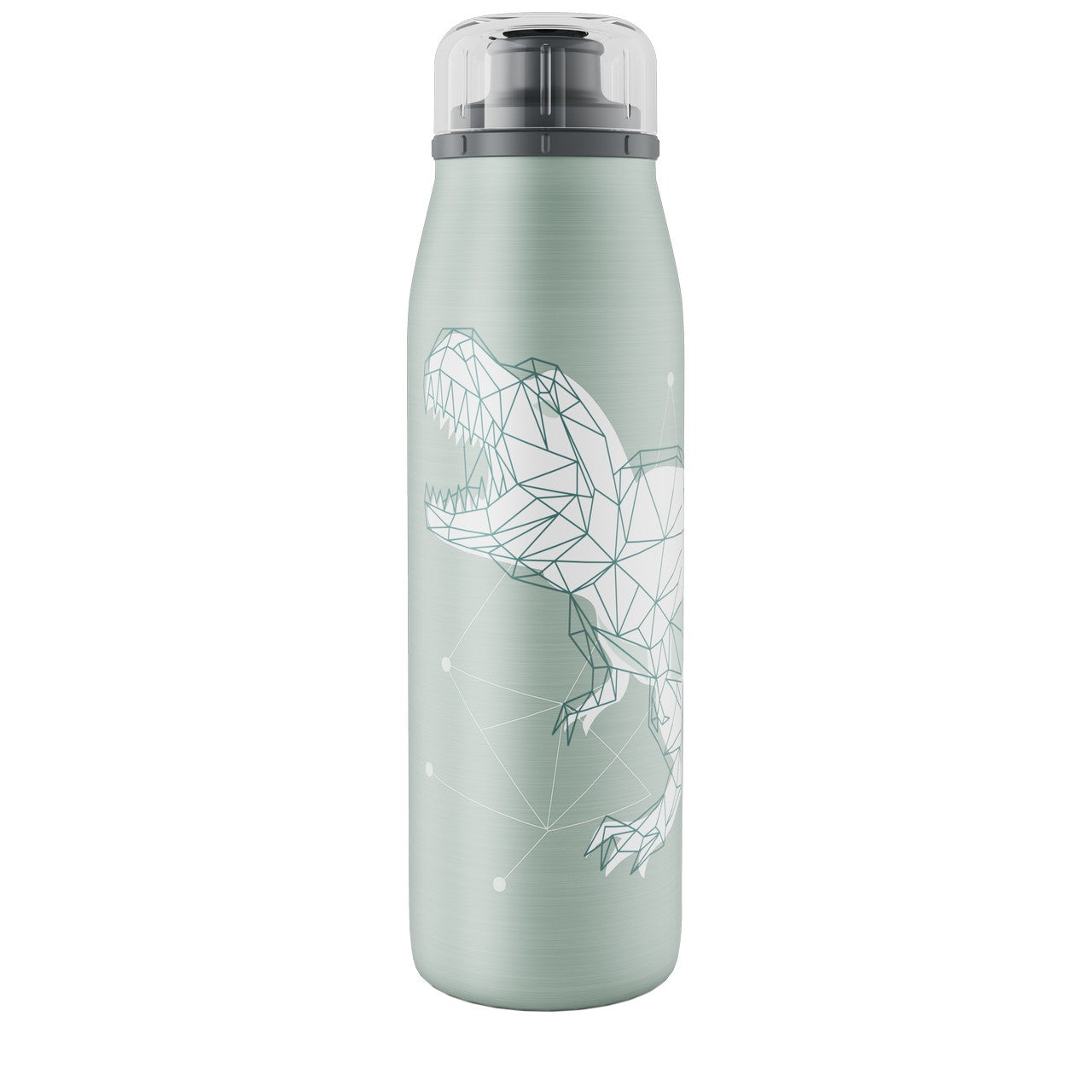 Das Bild zeigt eine hellgrüne Trinkflasche mit einem geometrischen Dinosaurier-Design darauf. Der Dinosaurier ist in einem polygonalen Stil dargestellt, der aus weißen Linien besteht. Die Flasche hat einen durchsichtigen Deckel.