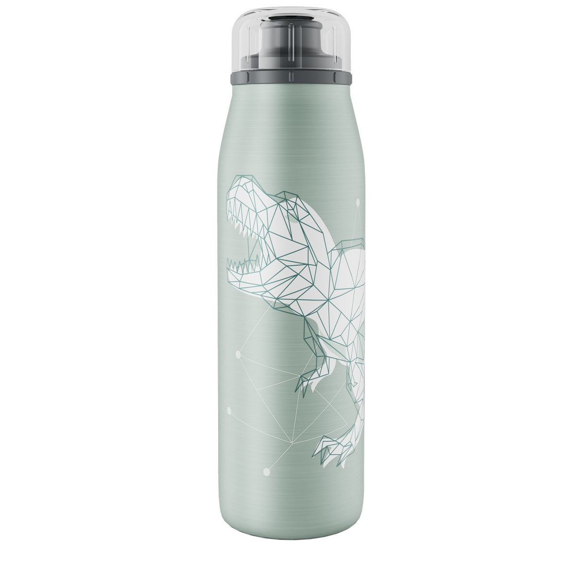 Das Bild zeigt eine hellgrüne Trinkflasche mit einem geometrischen Dinosaurier-Design darauf. Der Dinosaurier ist in einem polygonalen Stil dargestellt, der aus weißen Linien besteht. Die Flasche hat einen durchsichtigen Deckel.