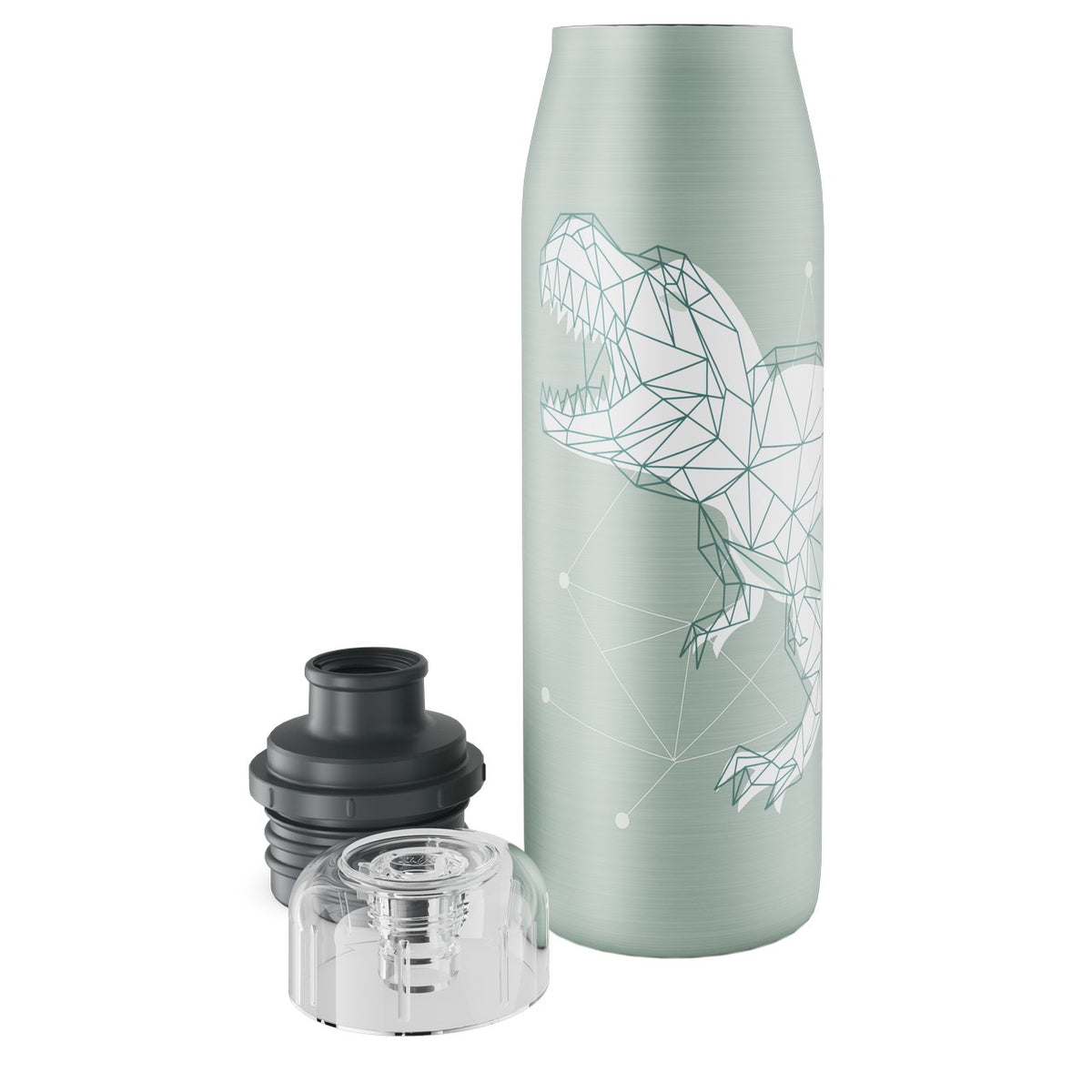 Auf dem Bild ist eine hellgrüne Trinkflasche mit einem geometrischen Dinosaurier-Motiv zu sehen. Neben der Flasche liegen zwei unterschiedliche Verschlüsse, einer davon durchsichtig.