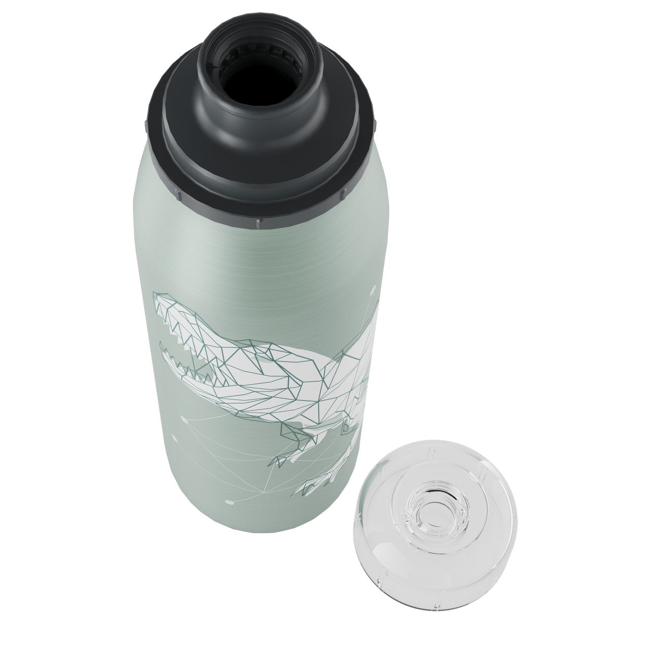 Auf dem Bild ist eine hellgrüne Trinkflasche mit einem schwarzen Schraubverschluss zu sehen. Auf der Flasche ist ein geometrisches Design eines Dinosauriers abgebildet. Der Deckel liegt daneben auf einer weißen Oberfläche.