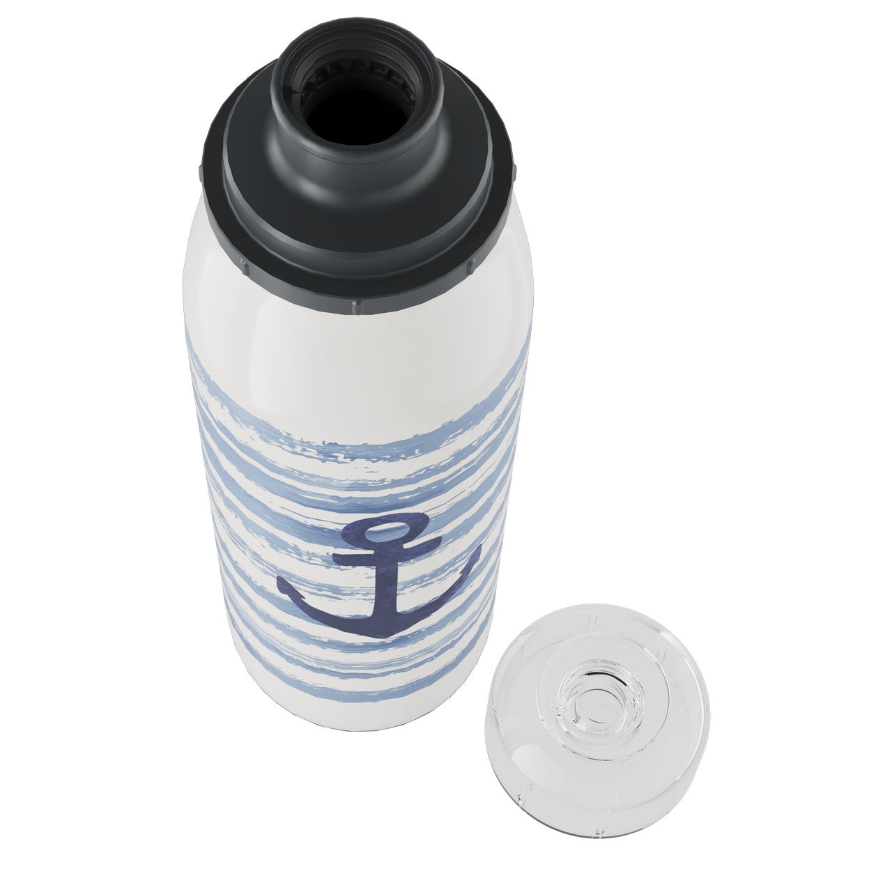 Auf dem Bild ist eine weiße Flasche mit blauen, horizontalen Streifen und einem großen, blauen Anker in der Mitte zu sehen. Der Deckel der Flasche liegt daneben. Die Gestaltung erinnert an ein maritimes Thema.