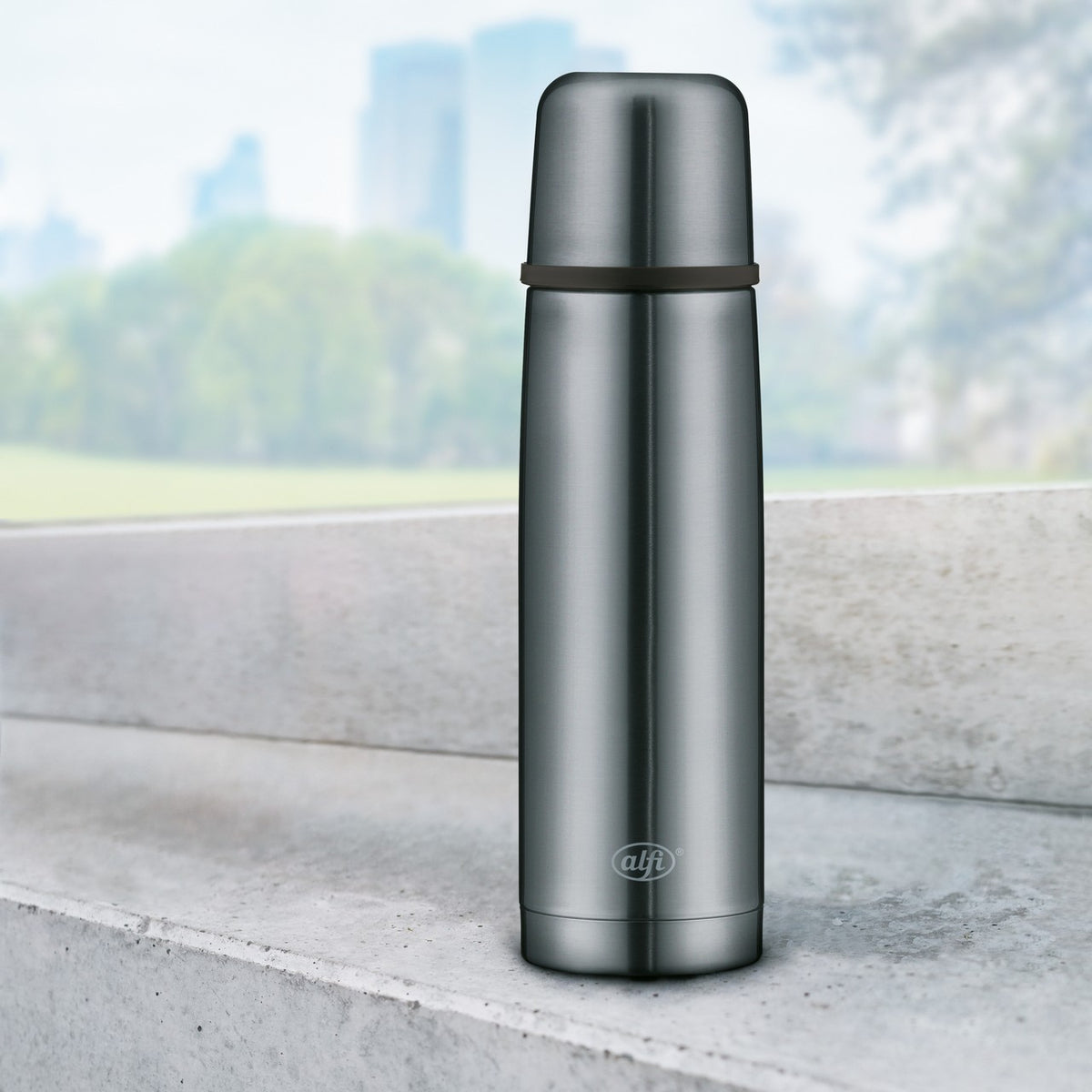 Auf dem Bild ist eine silberne Thermoskanne mit einem schlanken, zylindrischen Design zu sehen, die auf einer grauen Betonfläche steht. Im Hintergrund verschwimmt eine grüne Parklandschaft mit blauen Himmel und verschwommenen Gebäuden in der Ferne.