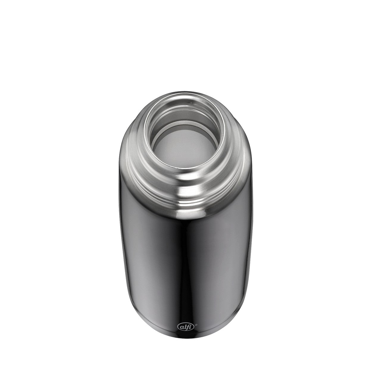 Das Bild zeigt eine Edelstahl-Thermosflasche, die von oben abgebildet ist. Die Flasche hat eine glänzende Oberfläche und eine weite Öffnung.