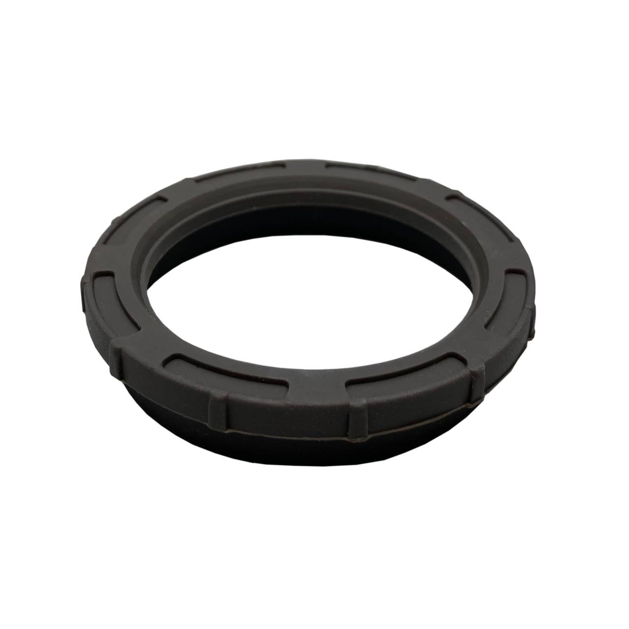 Das Bild zeigt einen schwarzen, runden Kunststoffring mit einer strukturierten Oberfläche und mehreren gleichmäßigen Erhebungen am Rand. Der Ring ist gegen einen weißen Hintergrund abgebildet.