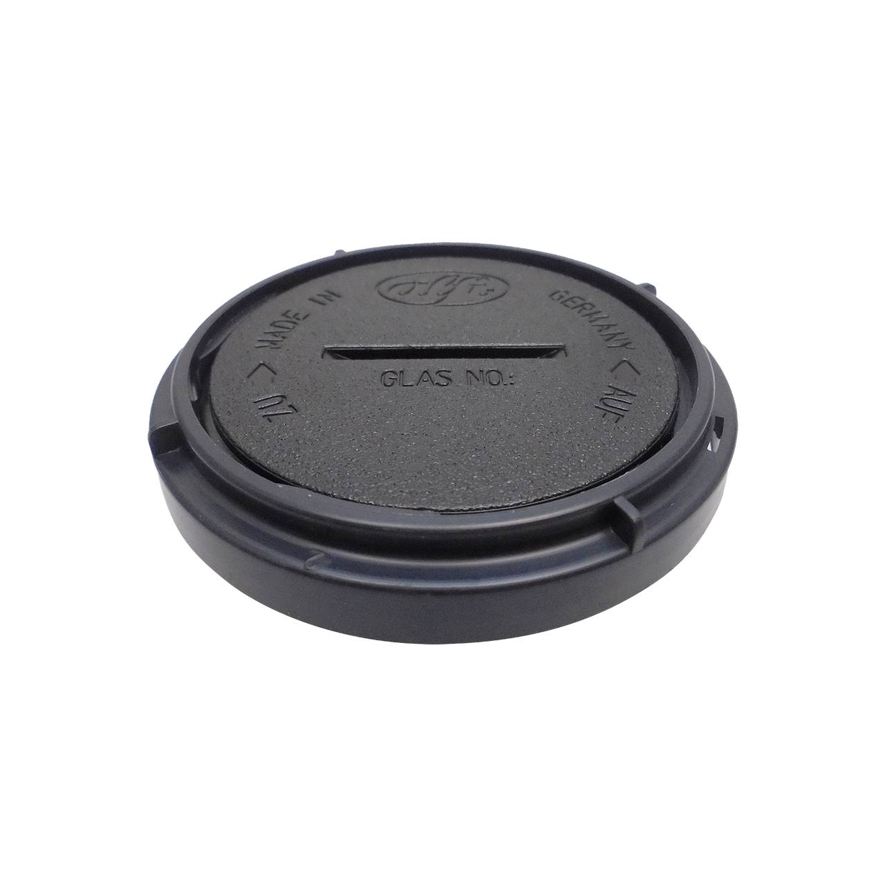 Das Bild zeigt einen dunklen, runden Objektivdeckel mit erhabenen Schriftzügen. Der Deckel hat einen erhöhten Rand und eine glatte Mitte. Es ist ein typisches Zubehörteil für Kameralinsen.