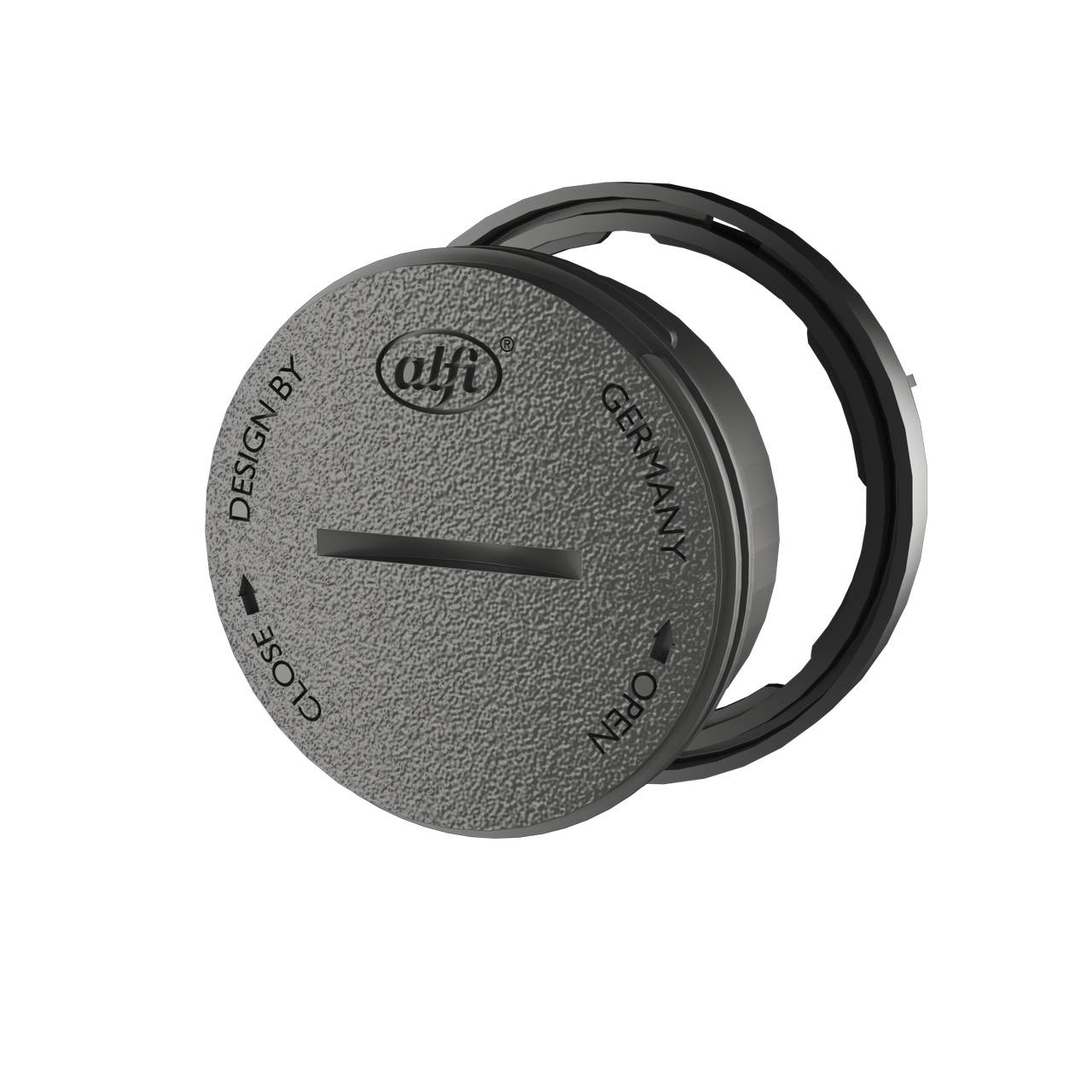 Das Bild zeigt einen grauen Plastikdeckel mit einem Drehmechanismus, auf dem Pfeile und die Wörter "Close" und "Open" abgebildet sind. In der Mitte befindet sich das Logo einer Marke. Der Deckel hat eine raue Oberfläche und ist kreisförmig.