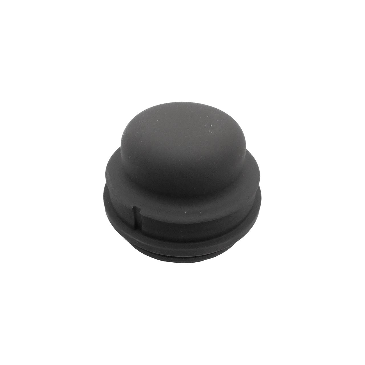 Das Bild zeigt ein rundes, schwarzes Gummistopfen mit einer leicht gewölbten Oberfläche. Es hat einen flachen Rand und eine Nut um seinen Umfang. Das Objekt wirkt funktionell und könnte als Verschluss oder Schutzkappe dienen.