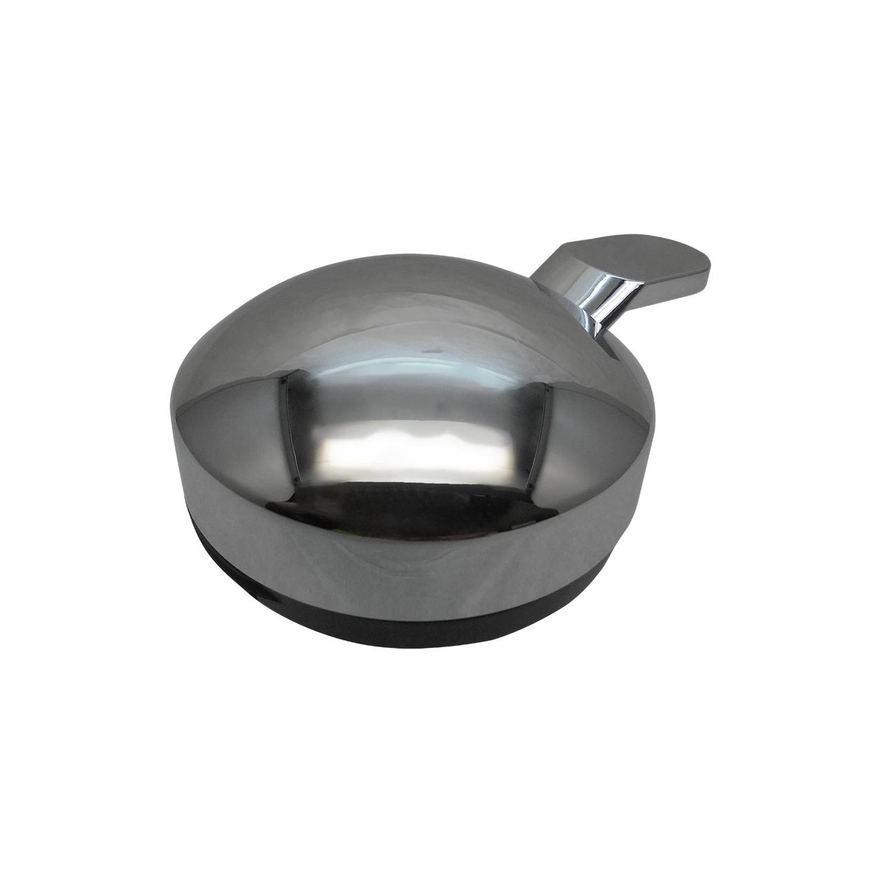 Ein glänzendes, rundes Metallobjekt mit einem kurzen Griff. Es hat eine glatte, gewölbte Oberfläche und ähnelt einem Pilz mit Griff.