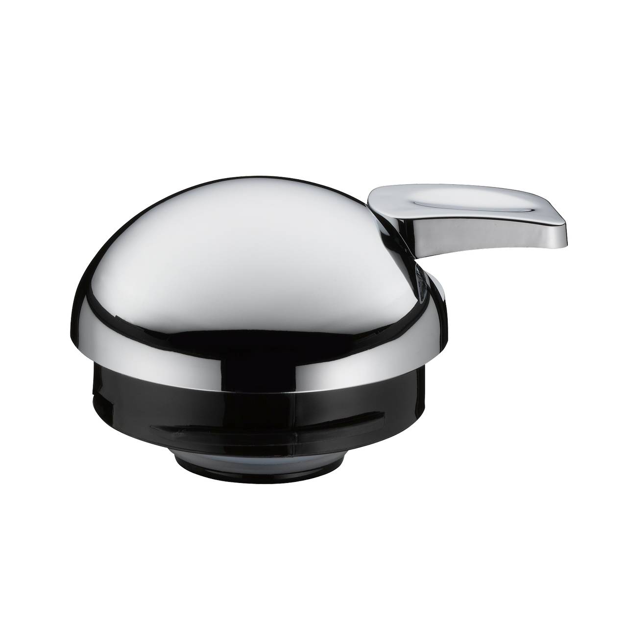 Das Bild zeigt einen glänzenden, silbernen Hebelverschluss aus Metall, wie man ihn oft auf Teekannen findet. Der Verschluss hat eine gewölbte Form mit einem kurzen, flachen Griff an der Seite.