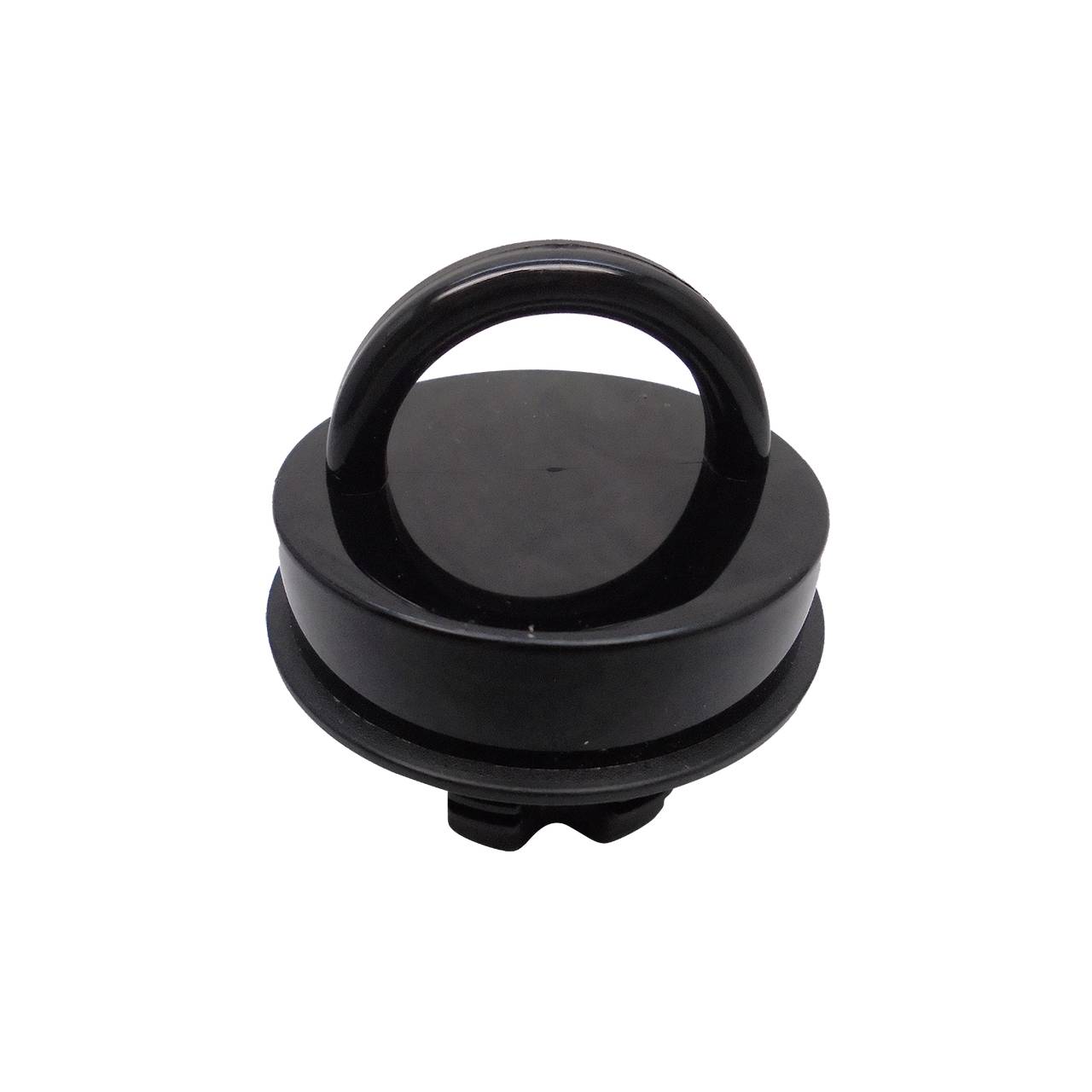 Auf dem Bild ist eine schwarze, runde Vorrichtung mit einem Griff zu sehen. Sie erinnert an einen Pfropfen oder Deckel, der eventuell für ein Gefäß oder eine Flasche genutzt wird. Der Griff ist gebogen und ermöglicht ein einfaches Anheben.