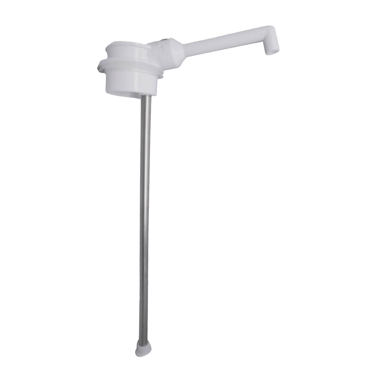 Die manuelle Wasserpumpe hat ein langes Metallrohr und einen weißen Kunststoffgriff. Sie ist für die Anbringung auf einem Wasserspender gedacht.