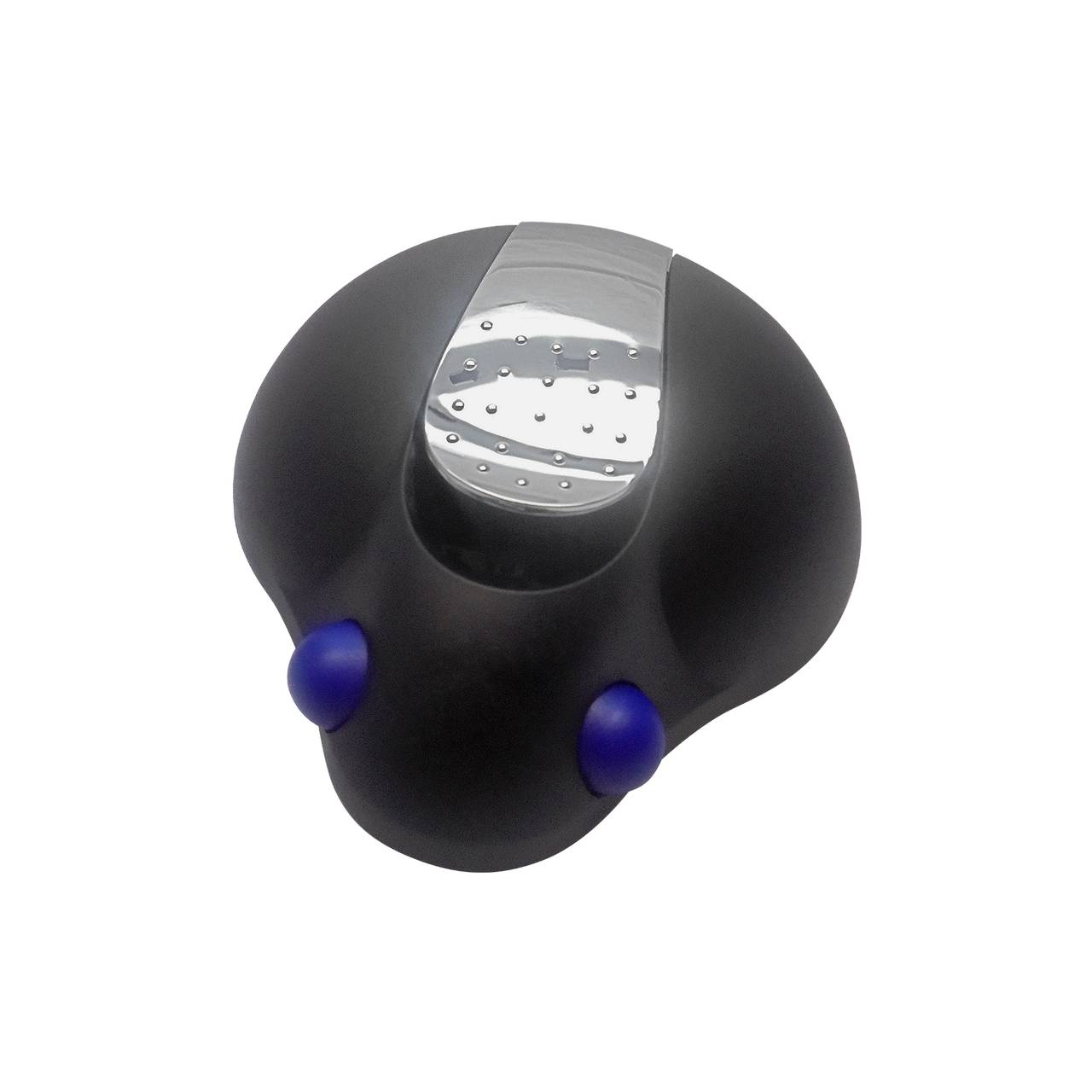 Das Bild zeigt ein handliches schwarzes Gerät mit einem glänzenden, metallischen Bereich oben, durch den kleine Löcher sichtbar sind. Es hat zwei blaue, kugelförmige Elemente an der Vorderseite.