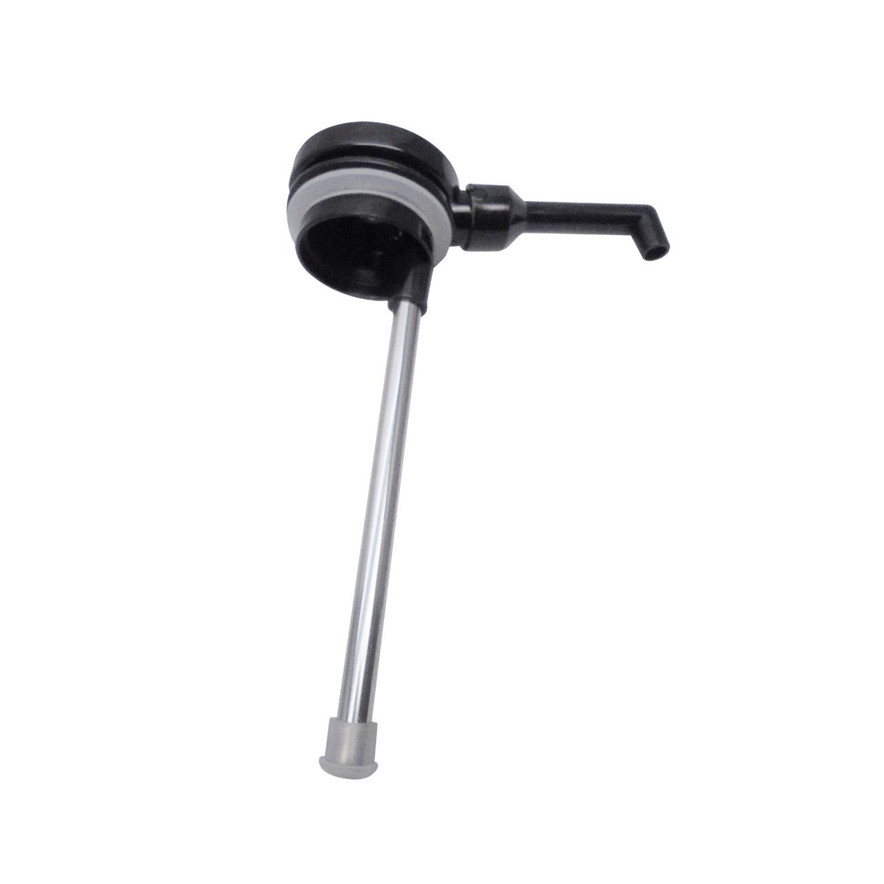 Auf dem Bild ist eine manuelle Saftpresse zu sehen, die aus einem runden Sieb mit einem Griff besteht. Ein langer Hebel ist an der Seite des Siebs angebracht. Das Gerät ist hauptsächlich in Schwarz und Silber gehalten.