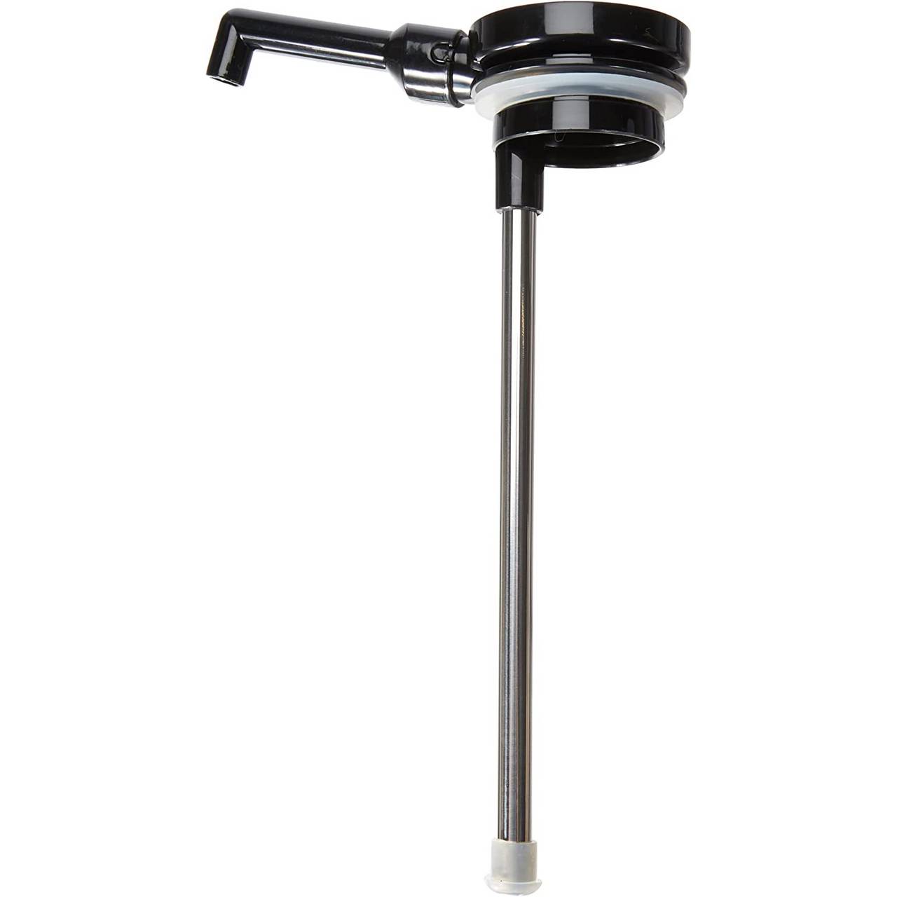 Die manuelle Pumpe hat ein langes, gerades Rohr und einen Bediengriff. Oben befindet sich ein gebogener Auslauf für Flüssigkeiten. Ihr Design ist schlicht und funktional.