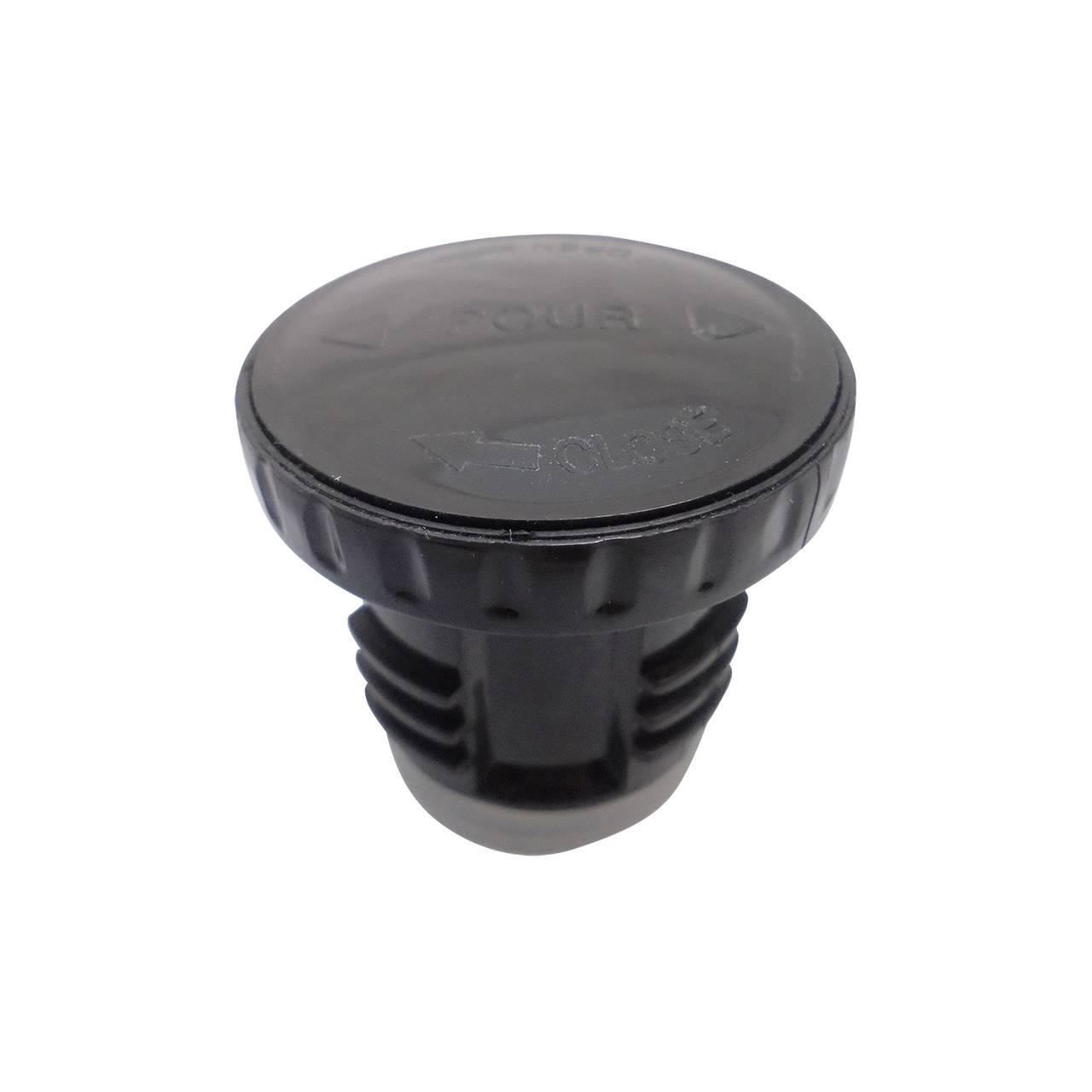 Der schwarze Plastikverschluss hat eine flache, runde Oberseite mit geriffeltem Rand und darunter konische Rippen. Auf der Oberfläche sind Symbole und Schriftzüge eingraviert.