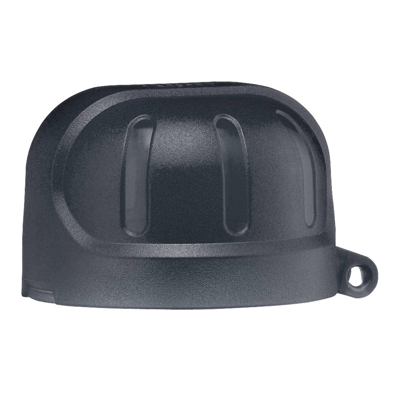 Das Bild zeigt eine schwarze, halbkugelförmige Kunststoffabdeckung. Sie hat Strukturdetails und eine kleine Lasche mit Loch an der Unterseite.