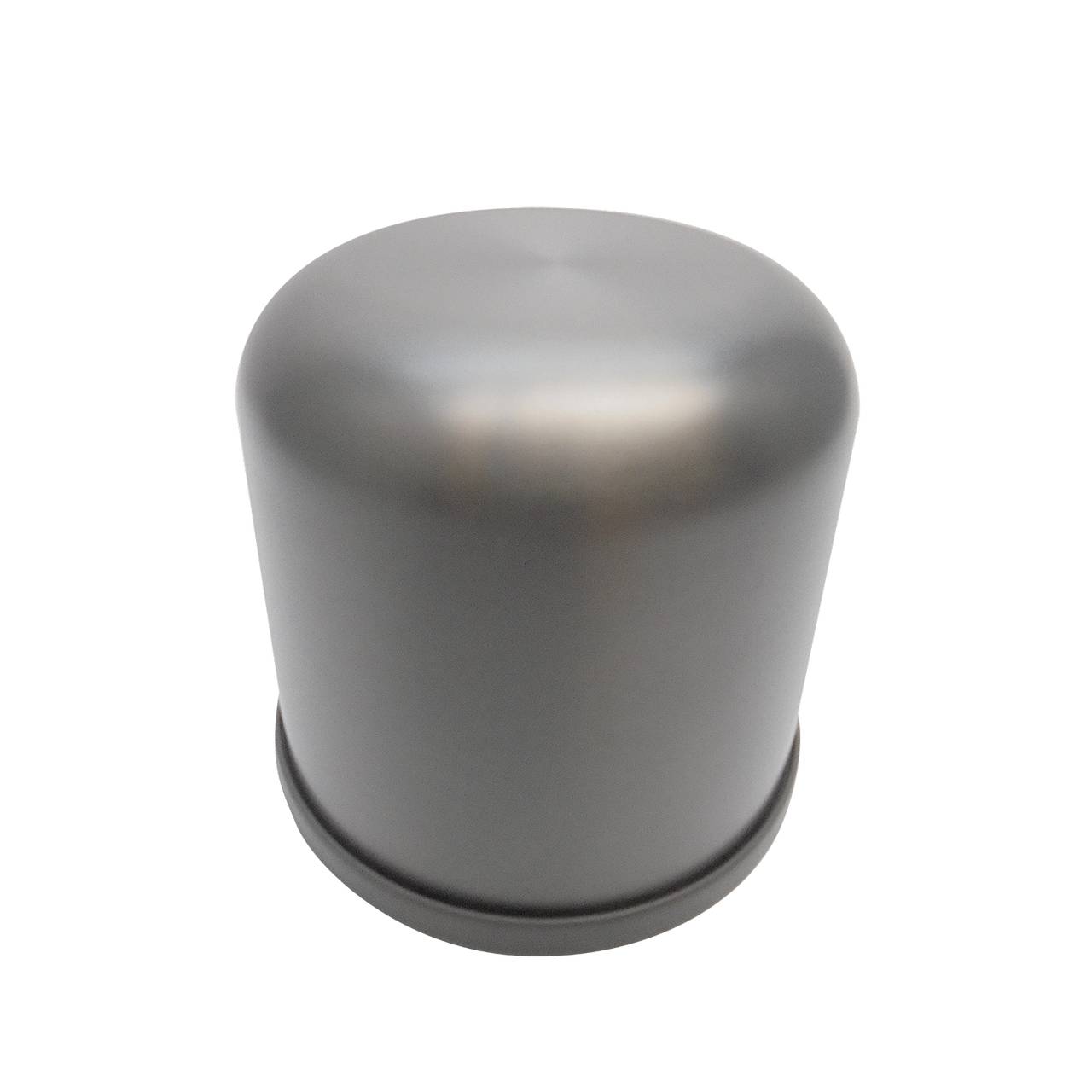 Das Bild zeigt einen zylindrischen, silbernen Gegenstand mit einem gewölbten Deckel auf einer ebenen Unterlage. Die Oberfläche ist glatt und metallisch glänzend.