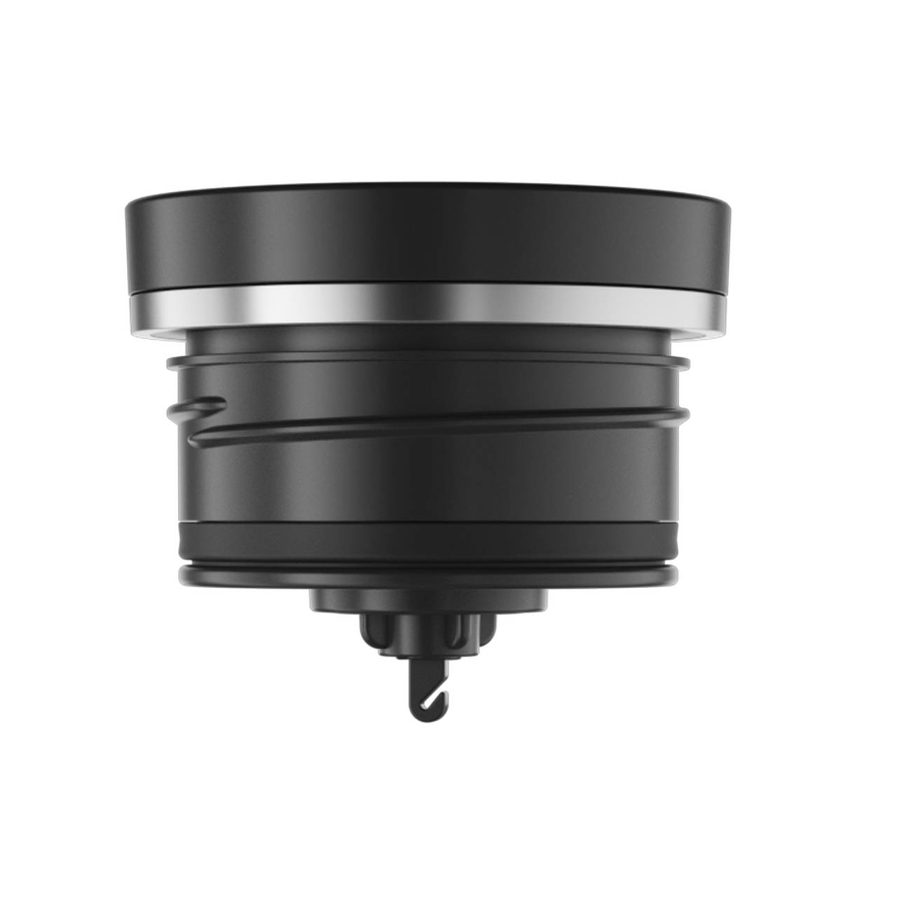Das Bild zeigt einen schwarzen, zylindrischen Gegenstand mit glatter Oberfläche und einem metallischen Ring. Am unteren Ende ist ein kleiner Haken an der Basis. Es wirkt wie ein technischer Gegenstand.