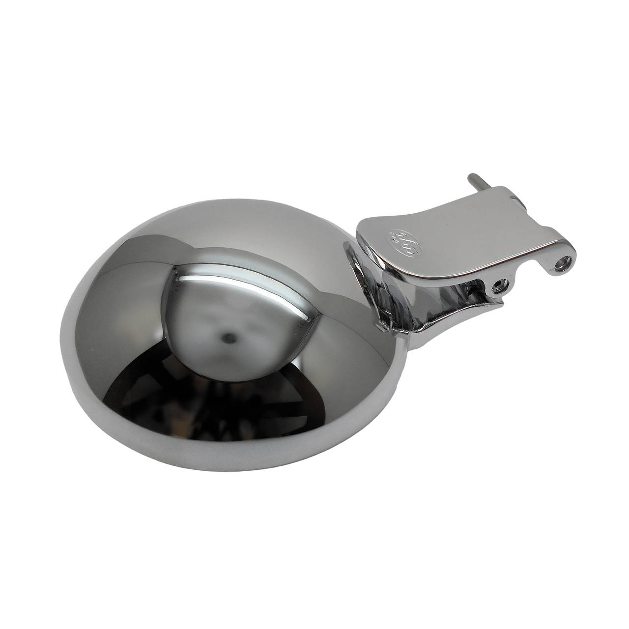 Das Bild zeigt eine runde, metallische Schüssel mit einem Griff in Tierform. Die Innenseite ist dunkel und glänzend. Der Hintergrund ist weiß.