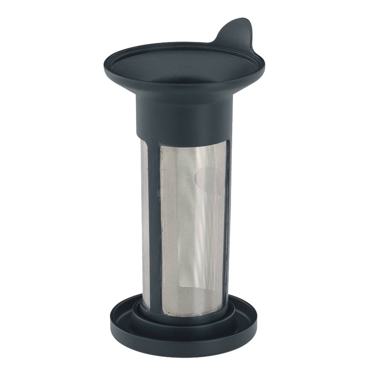 Das Bild zeigt einen silbernen Kaffeefilter mit einem schwarzen Deckel und Griff. Es hat eine zylindrische Form und einen breiten Standfuß. Der Kaffeefilter wirkt robust und funktionell.