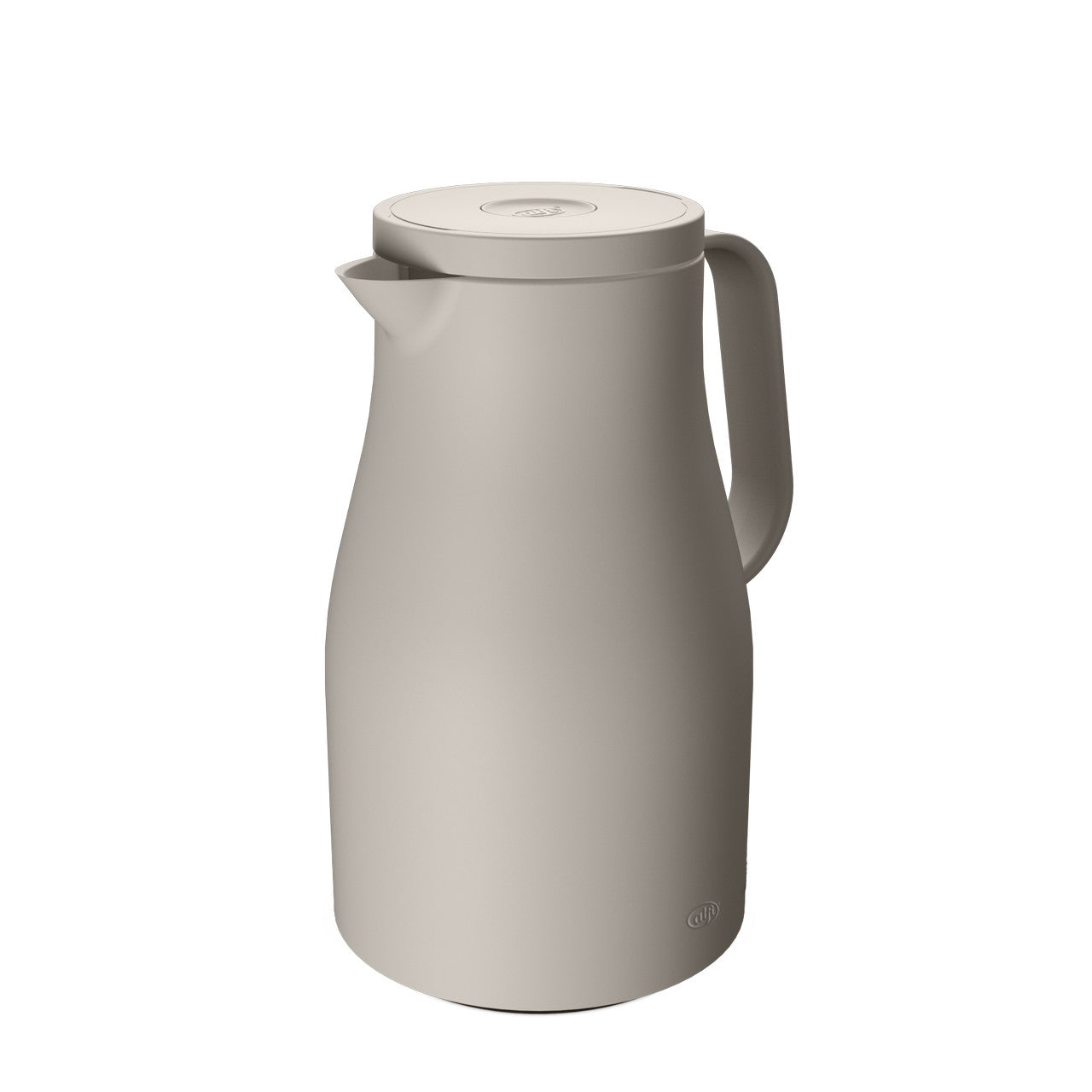 Das Bild zeigt eine hellgraue Thermoskanne mit schlichtem, modernem Design. Sie hat einen ergonomischen Griff und einen verschließbaren Deckel.
