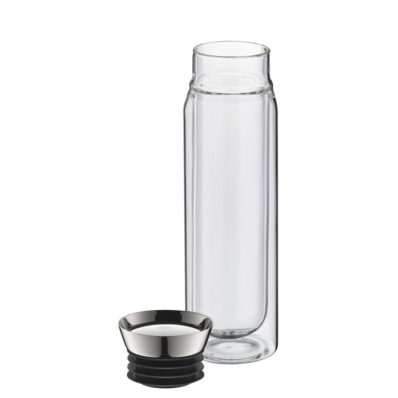 Das Bild zeigt eine transparente Wasserflasche aus Glas, neben der ein schwarzer Deckel liegt. Die Flasche hat ein schlichtes, zylindrisches Design und der Deckel scheint abnehmbar zu sein.