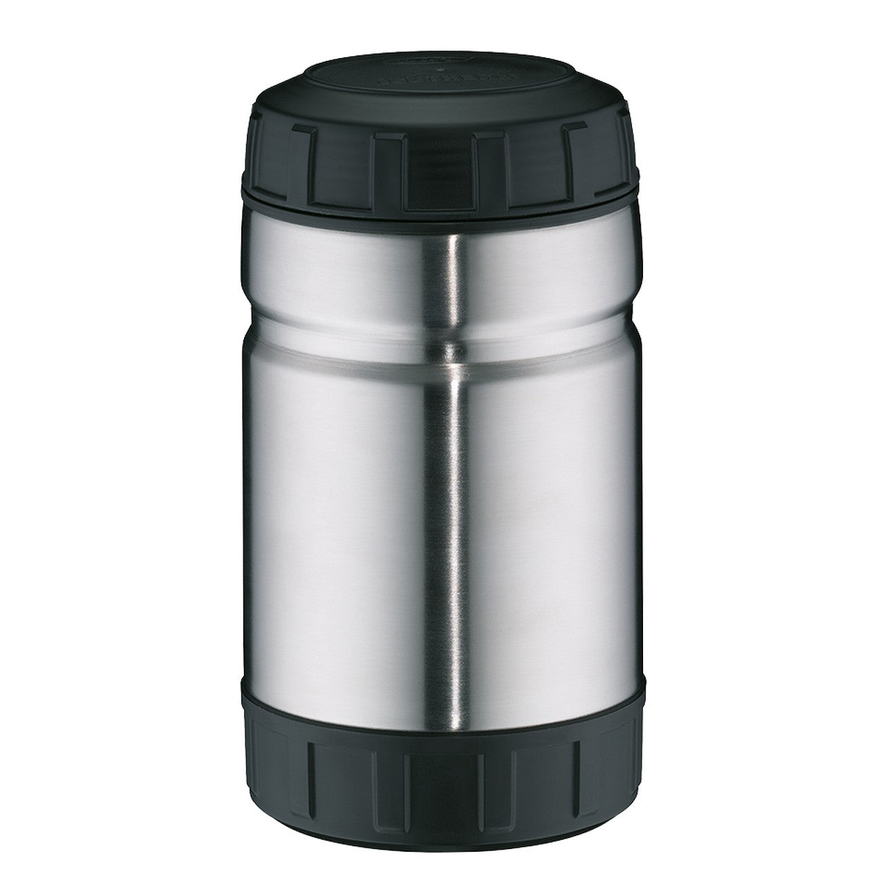 Das Bild zeigt eine silberne Thermosflasche mit schwarzen Deckeln oben und unten. Sie hat eine zylindrische Form und ist wahrscheinlich aus Edelstahl. Die Flasche wirkt robust und eignet sich vermutlich gut zum Warmhalten von Getränken oder Speisen.